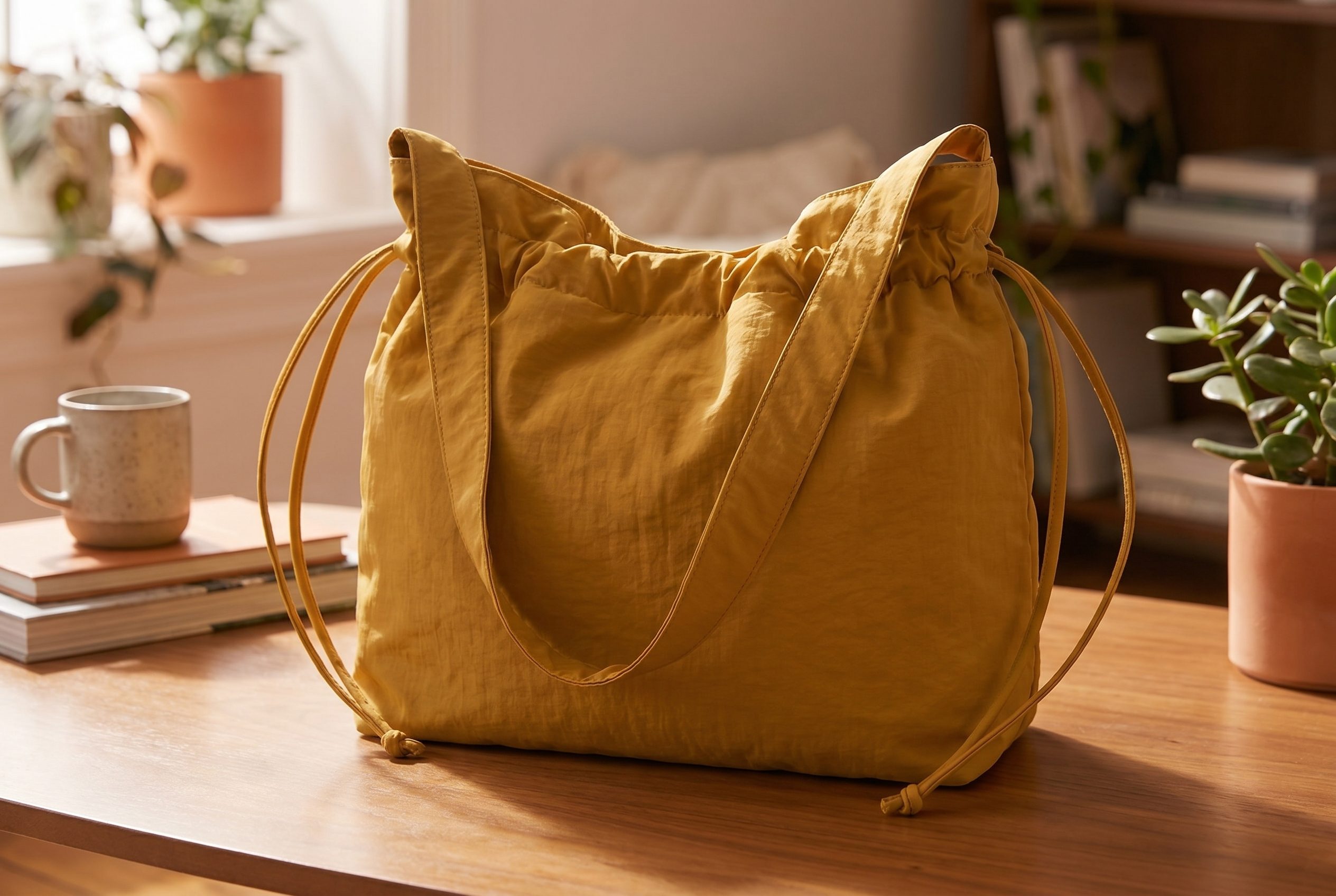 Bags product photography example of a mustard drawstring shoulder bag fully visible in a warm 3:2 tabletop frame