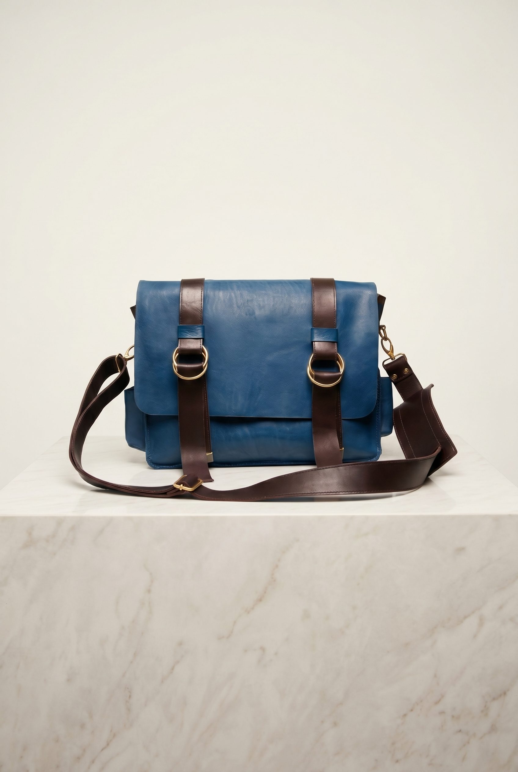 Bags product photography studio example of a blue handbag on a marble ecommerce product plinth