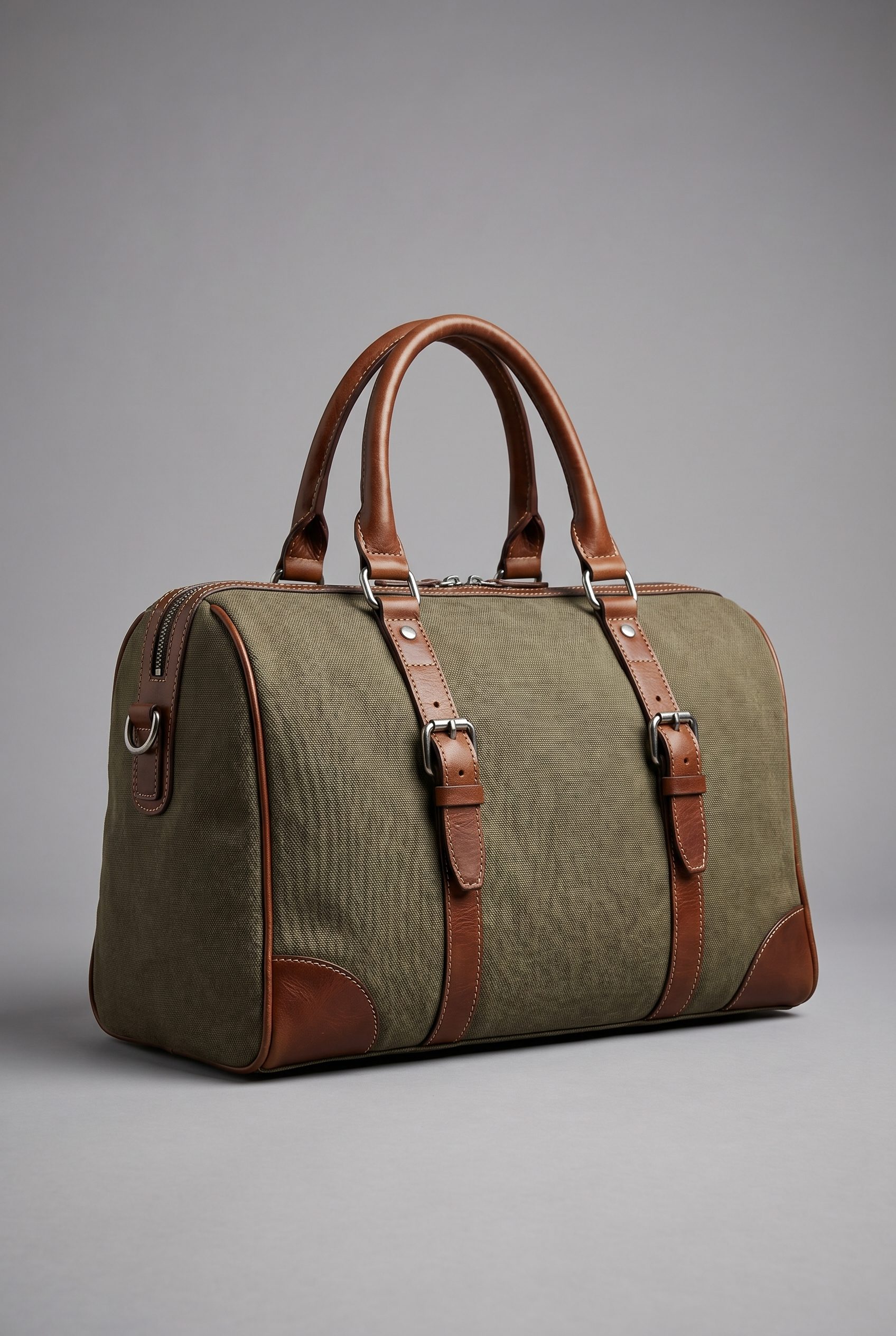 Bags product photography studio example of an olive canvas weekender duffel bag with brown leather handles