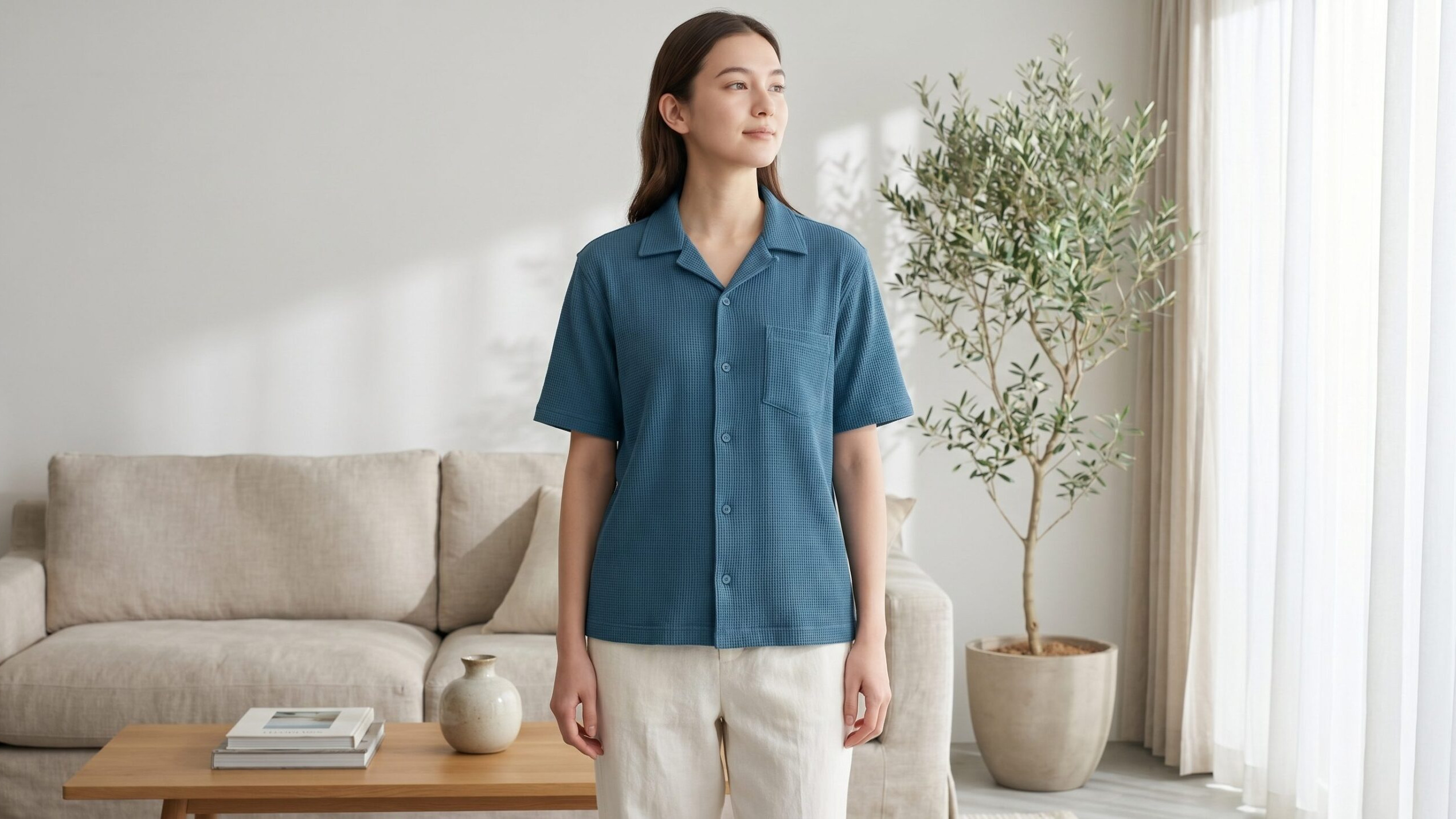 Model wearing a blue textured shirt in a complete lifestyle product frame.