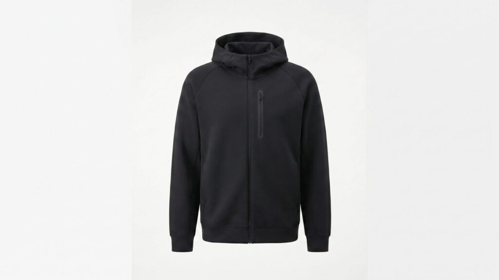 Complete black zip-front hooded jacket on a pale background.