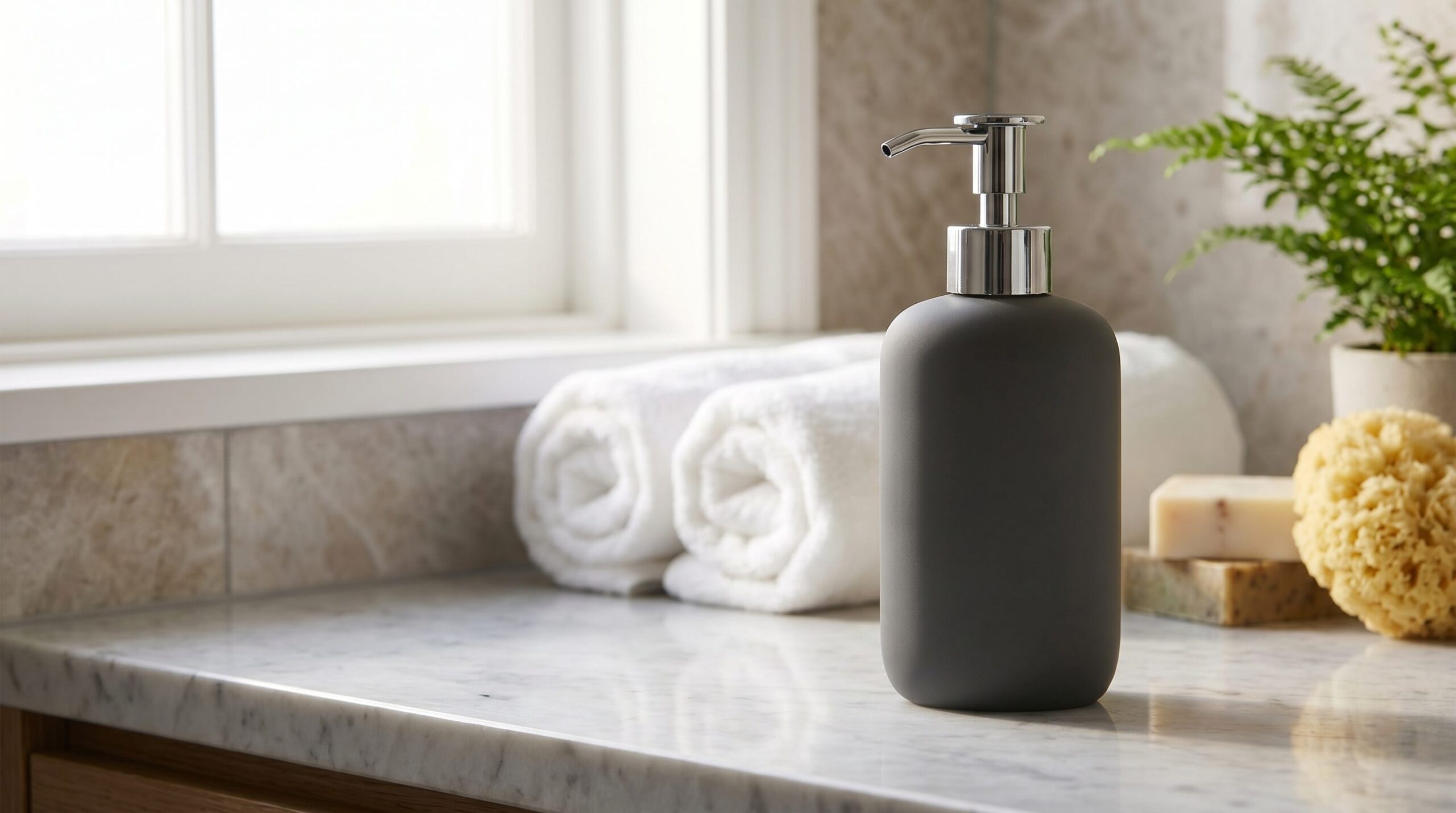 Matte black pump bottle spa image for a skincare seller listing.