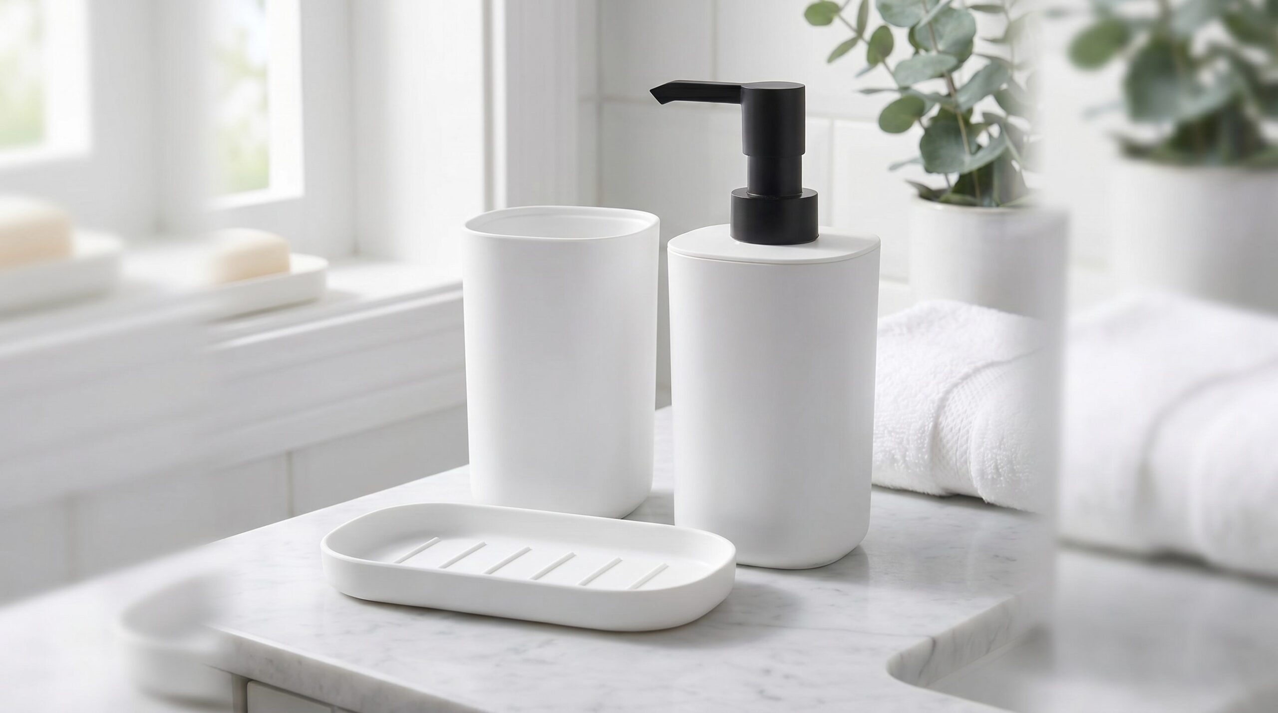 Coordinated white pump bottle and tray visual for beauty brand catalog consistency.