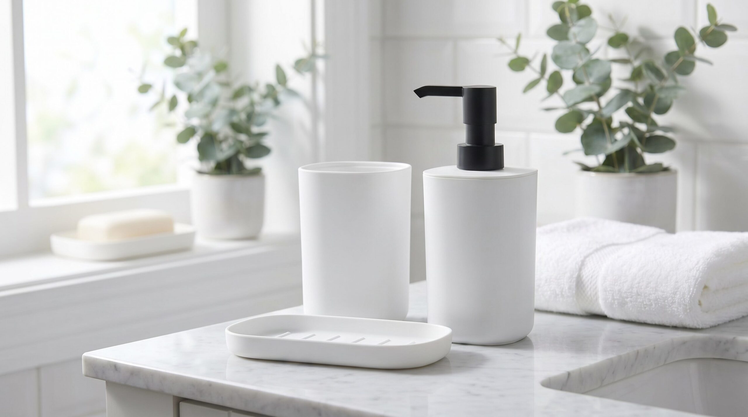 White skincare pump bottles with tray for brand catalog refreshes.