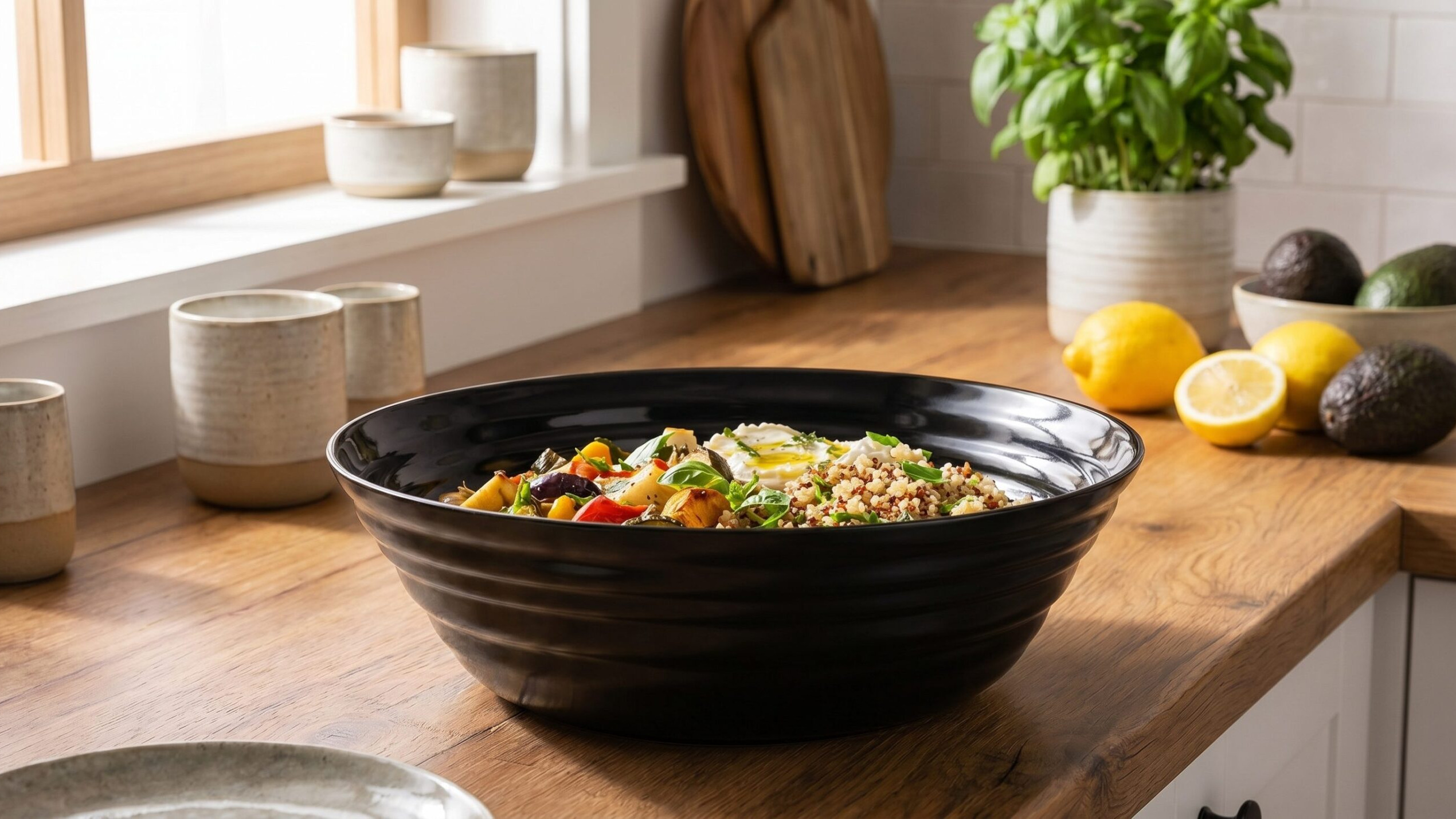 Prepared food bowl product scene for an AI product photography example gallery.