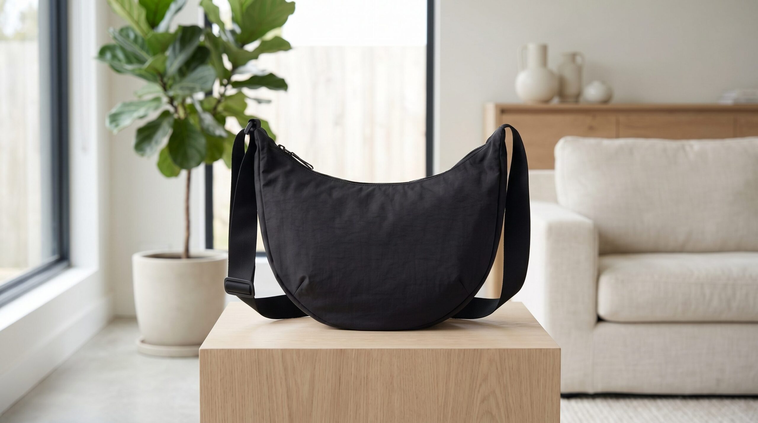 Black handbag product scene for an AI product photos for ads example gallery.