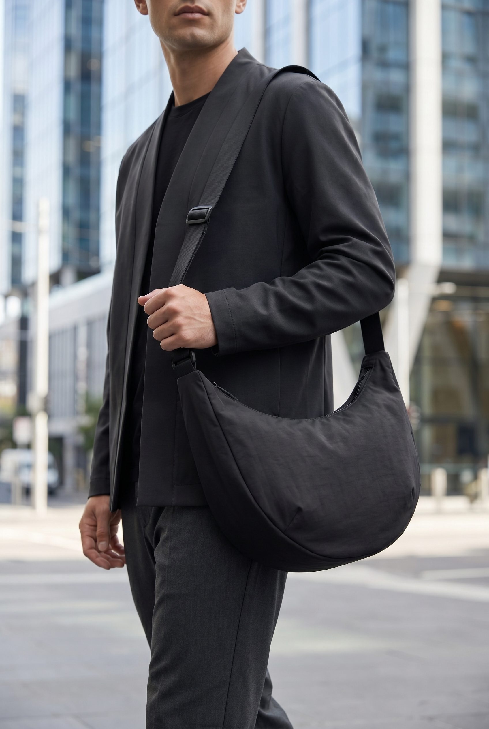 Fotogenic AI bags audience example showing a black city bag worn by a model for client campaign and lifestyle deliverables.