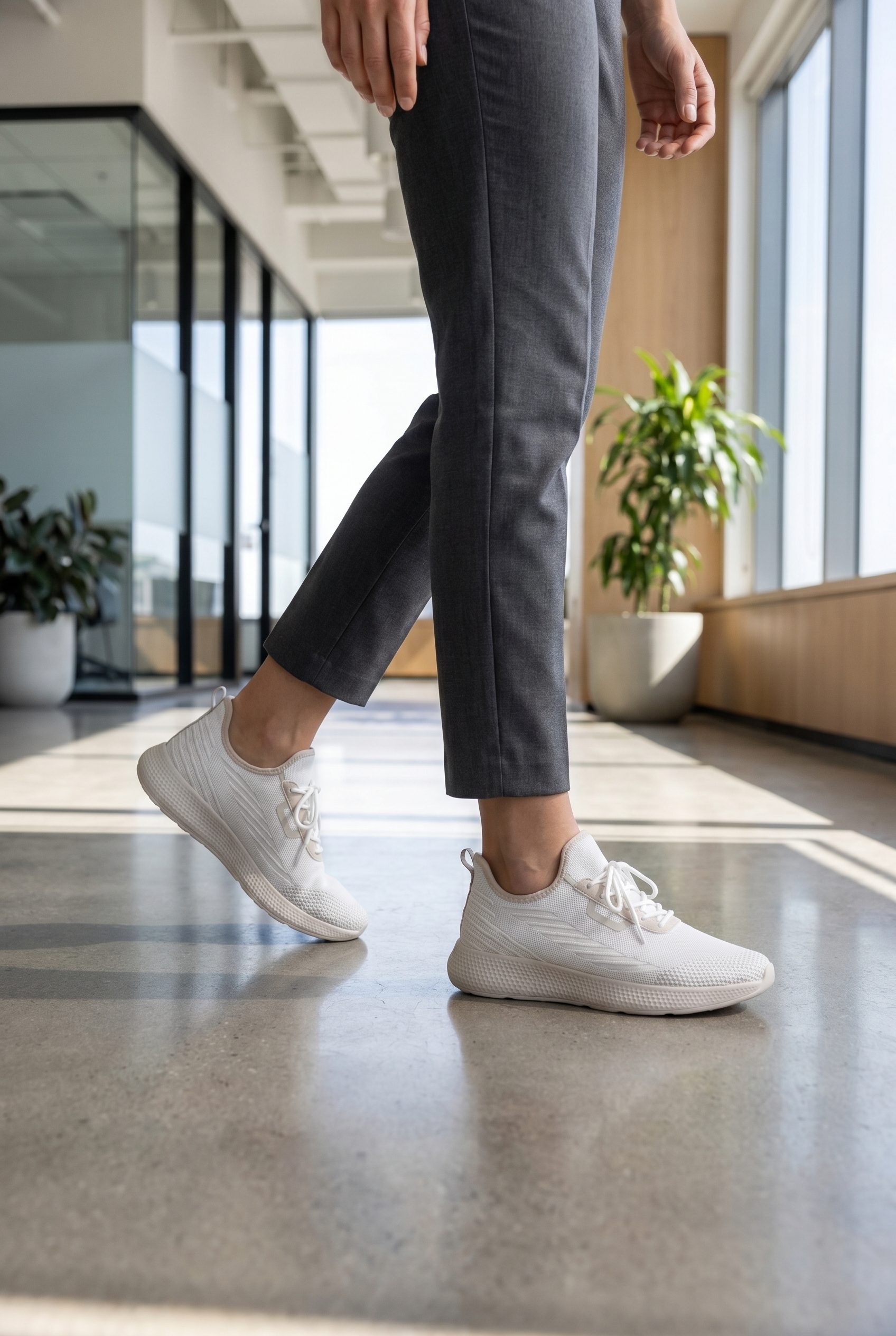 Model-led generic white sneaker product visual generated with Fotogenic AI for the AI Product Image Generator hero.