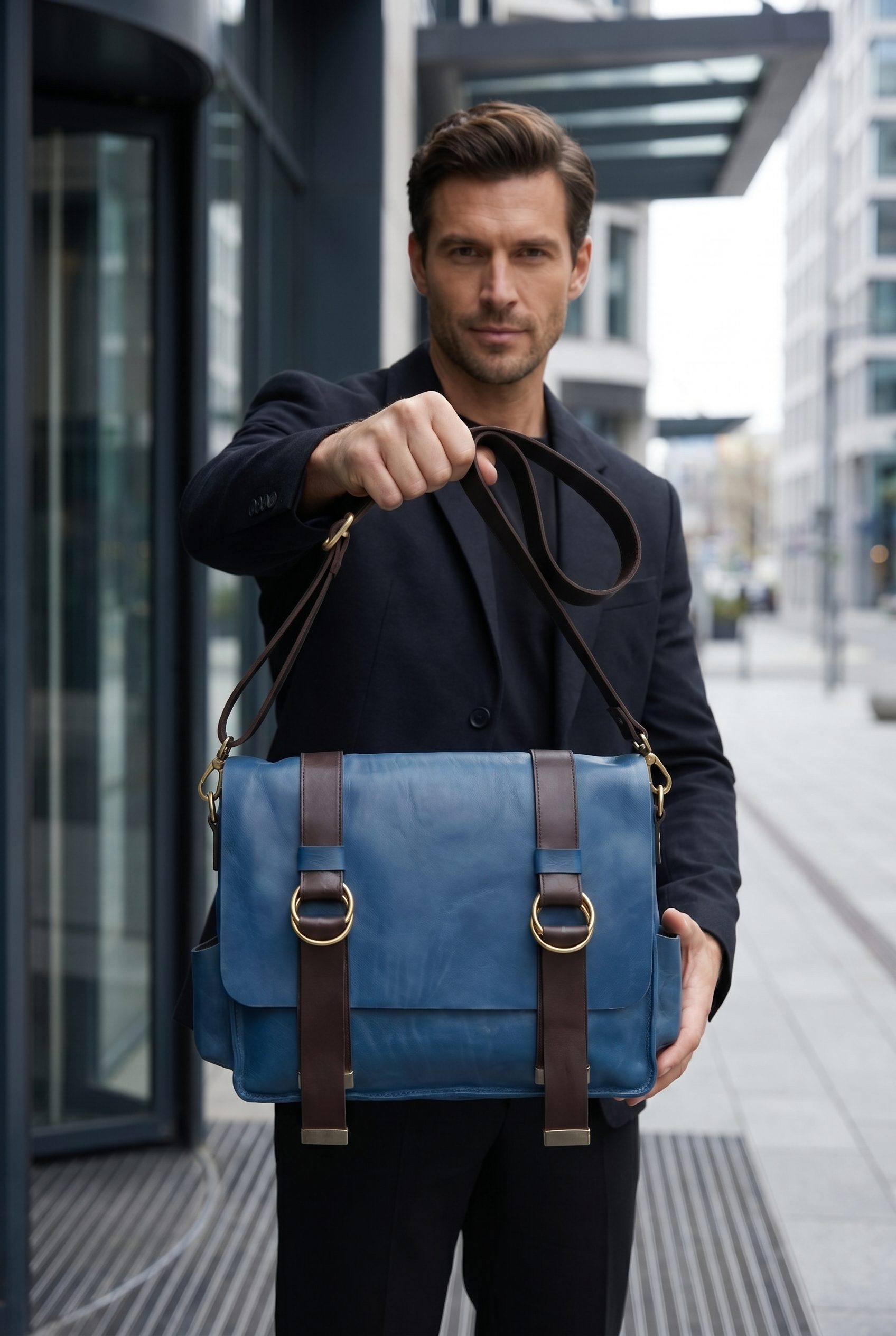 Fotogenic AI blue messenger bag model product image example