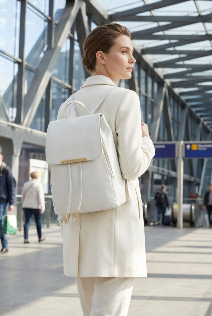 Model wearing a white backpack in a travel lifestyle scene for lifestyle product photography.