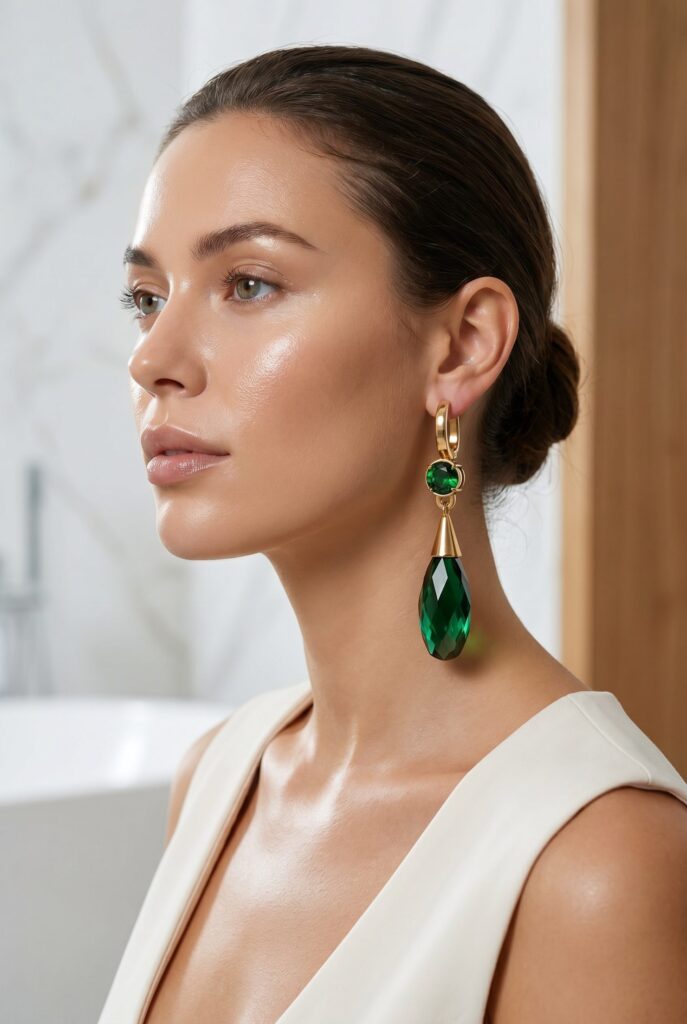 Woman wearing a gold earring with a round green stone and a long green drop.