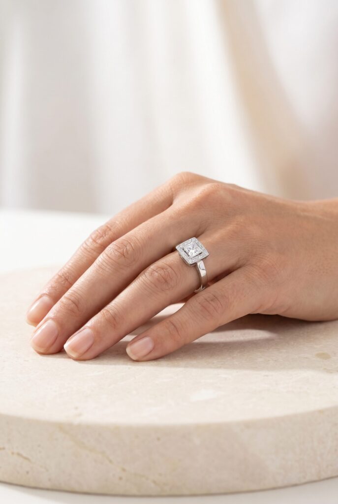 White-metal rectangular-stone ring worn on a hand resting on pale stone.