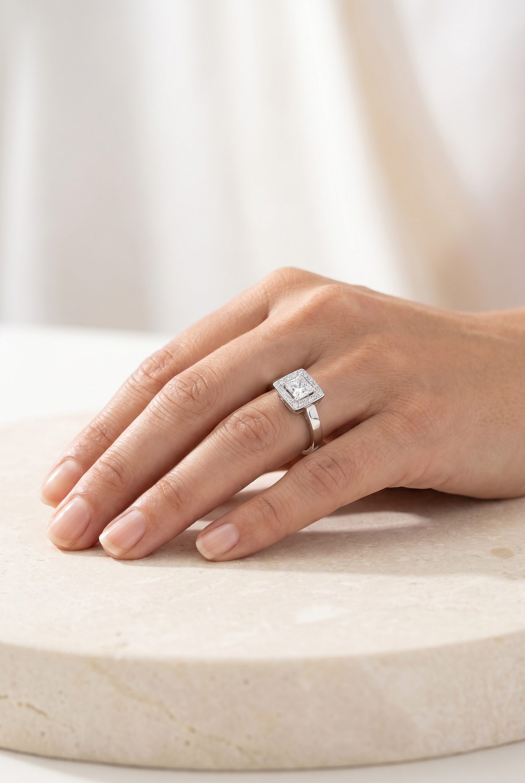 Fotogenic AI WordPress jewelry visual showing a silver ring on a hand