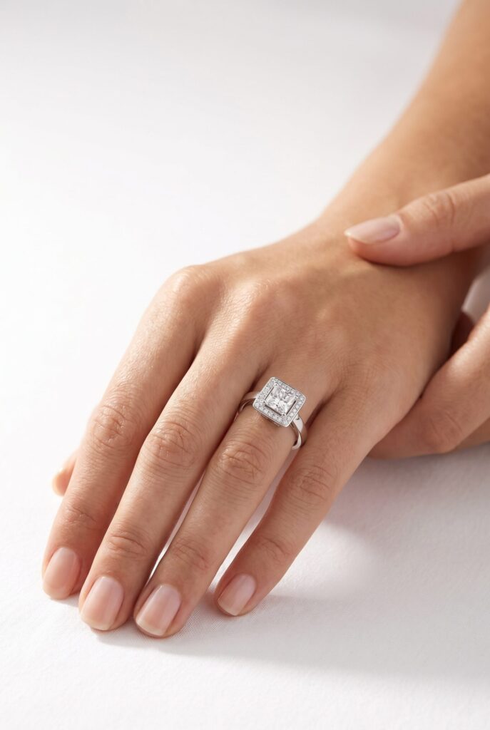 Close view of a rectangular-stone ring worn on a hand resting on white fabric.