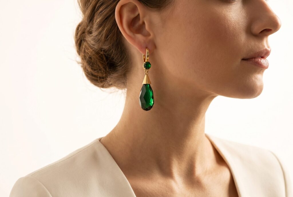 Close worn view of a gold and green drop earring beside the ear and jaw.