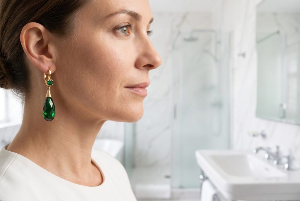 Window-lit profile with the full green drop earring visible beside the neck.