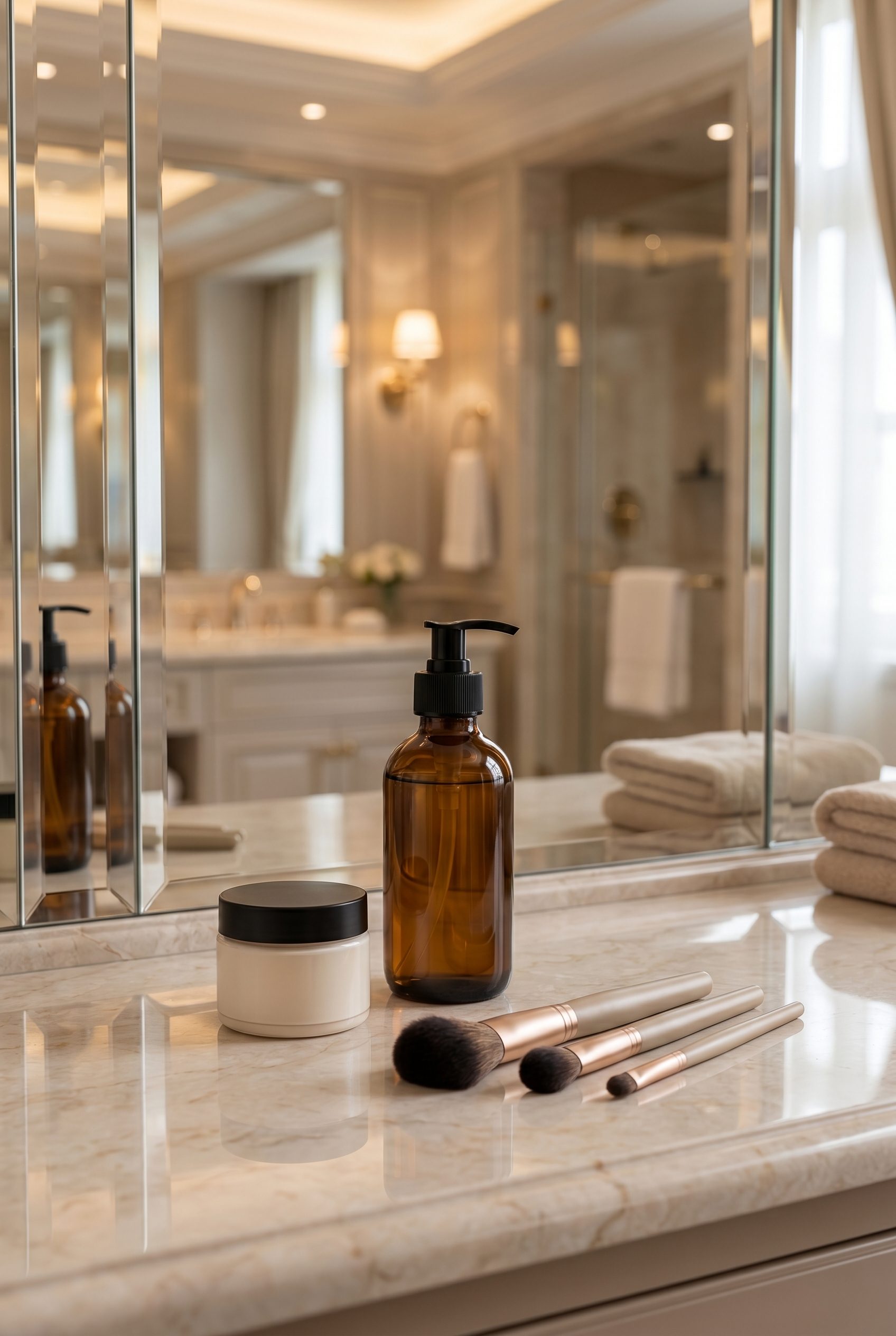 Fotogenic AI beauty related resource image showing a cosmetic counter set for planning product image workflows.