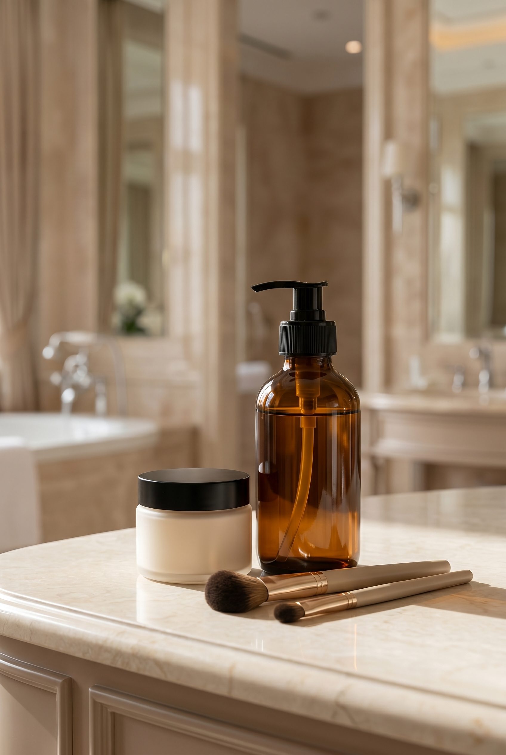 Amber skincare bottle and cream jar arranged with beauty brushes