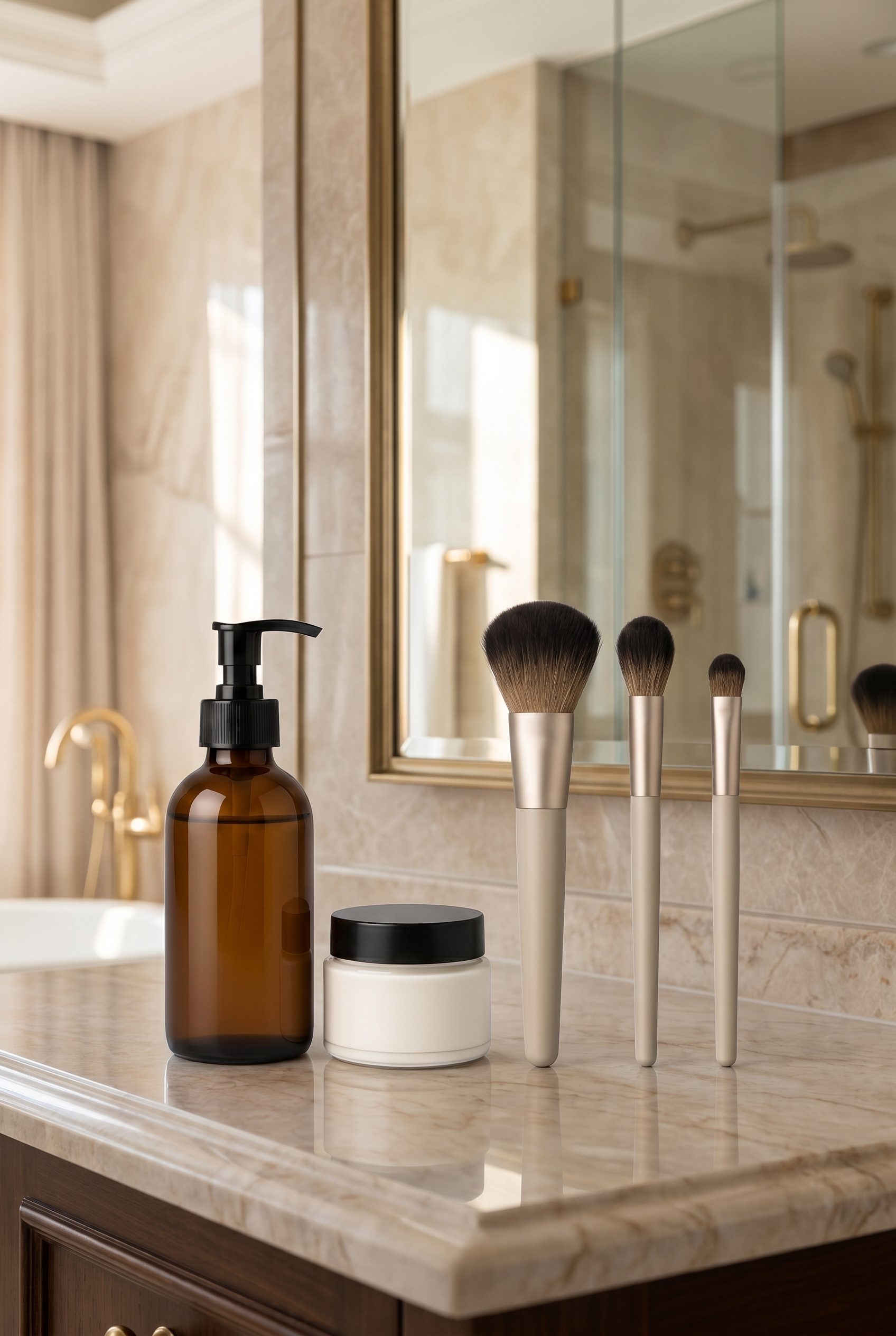 Beauty bottle and cosmetic brushes in a clean product scene generated by Fotogenic AI.