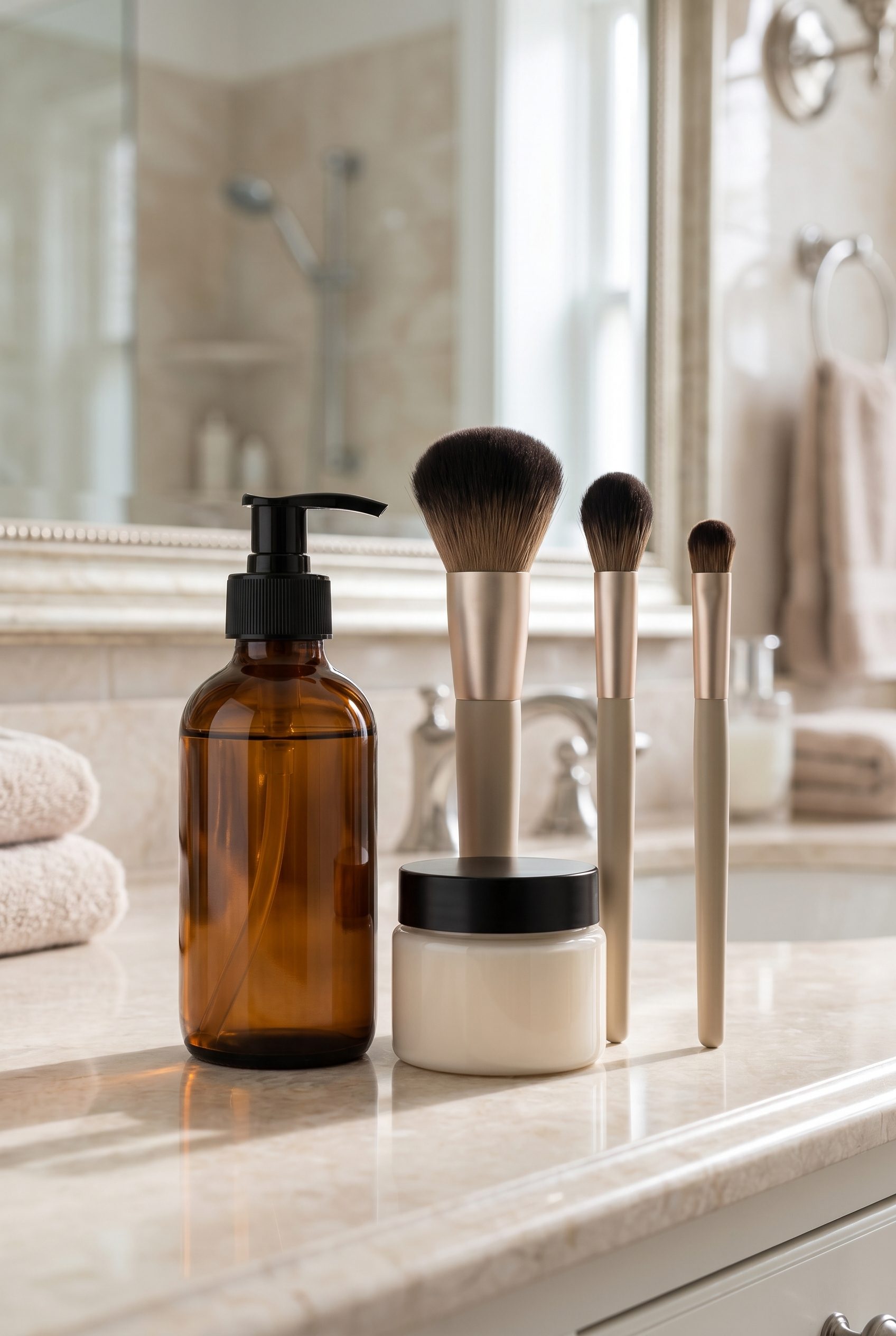 Beauty product and makeup brush image generated by Fotogenic AI for ecommerce visuals.