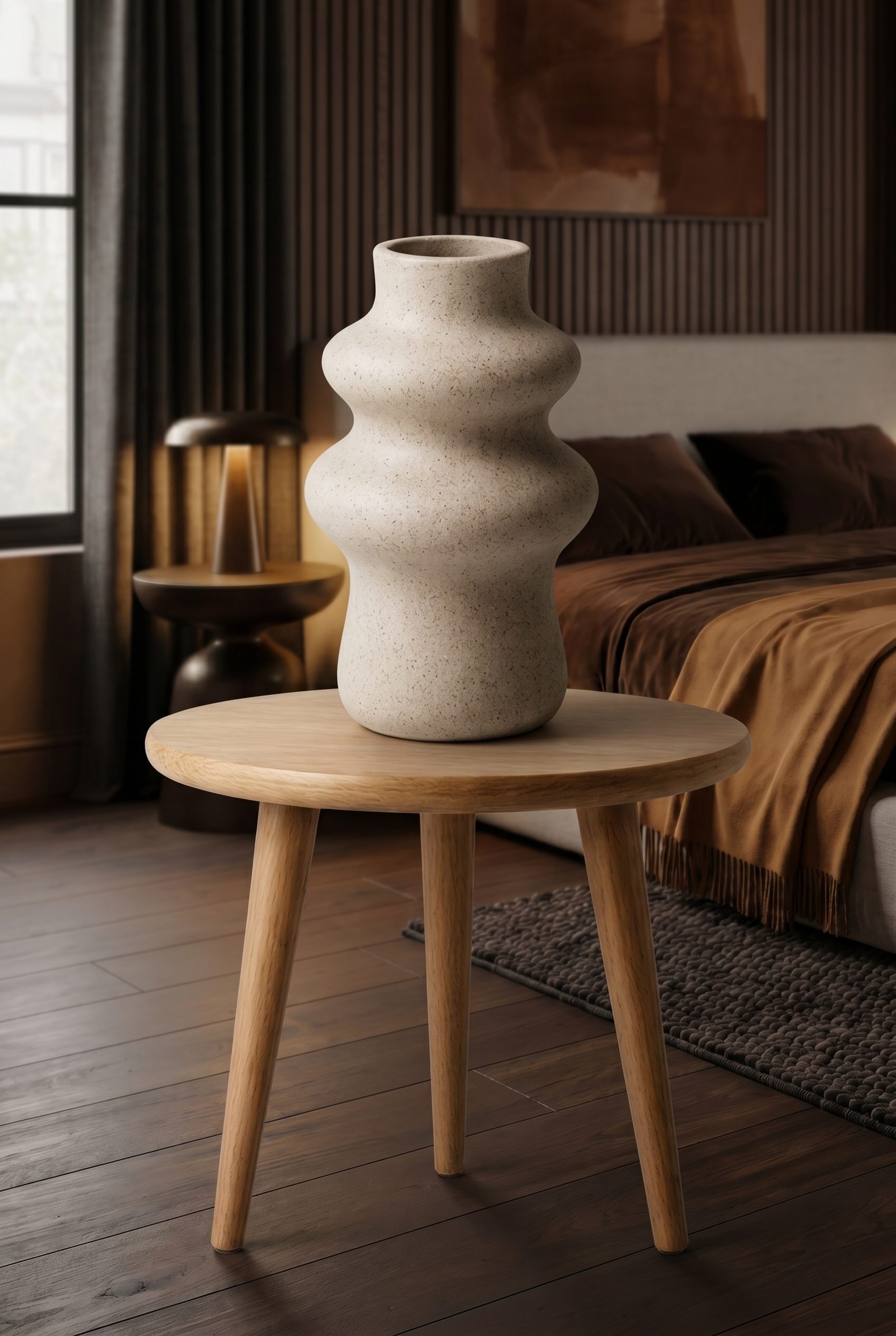 Ceramic vase and side table product image in a premium home interior scene.