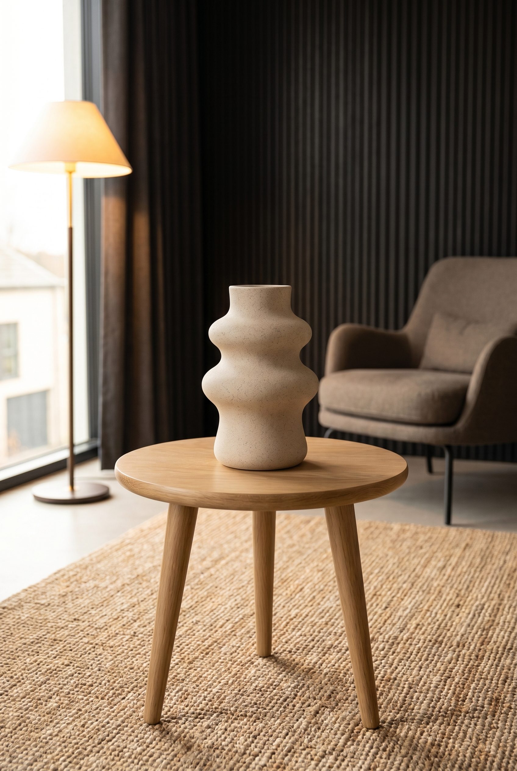 Home decor vase on a wooden side table generated by Fotogenic AI.