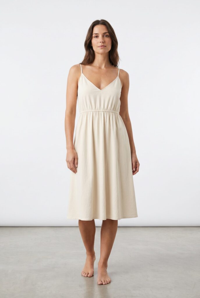 Cream dress on-model campaign image generated by Fotogenic AI