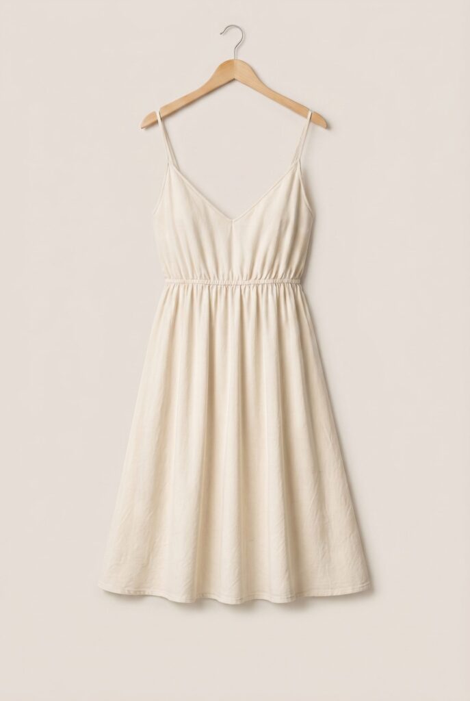 Cream dress PDP product image generated by Fotogenic AI