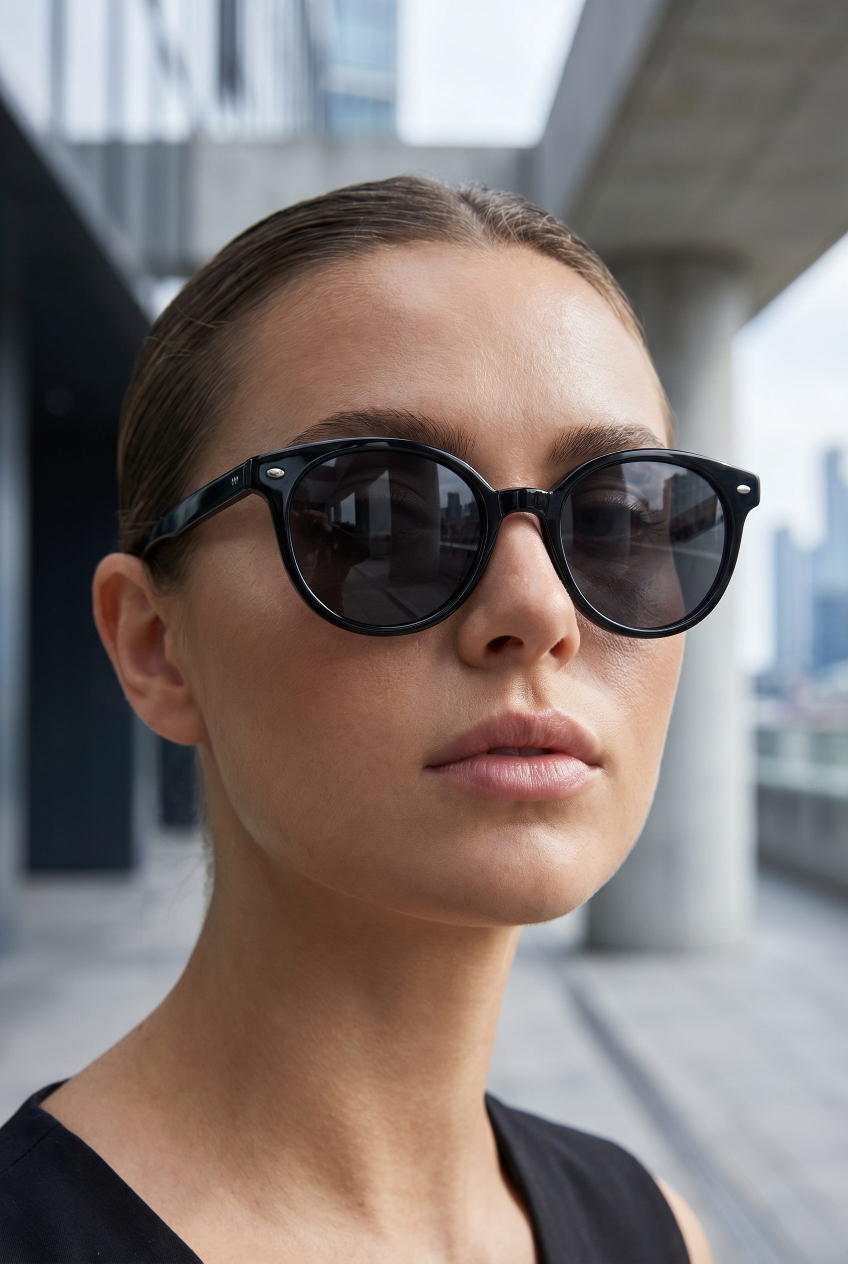 Premium sunglasses detail portrait showing lens tint and frame shape for eyewear product photography.
