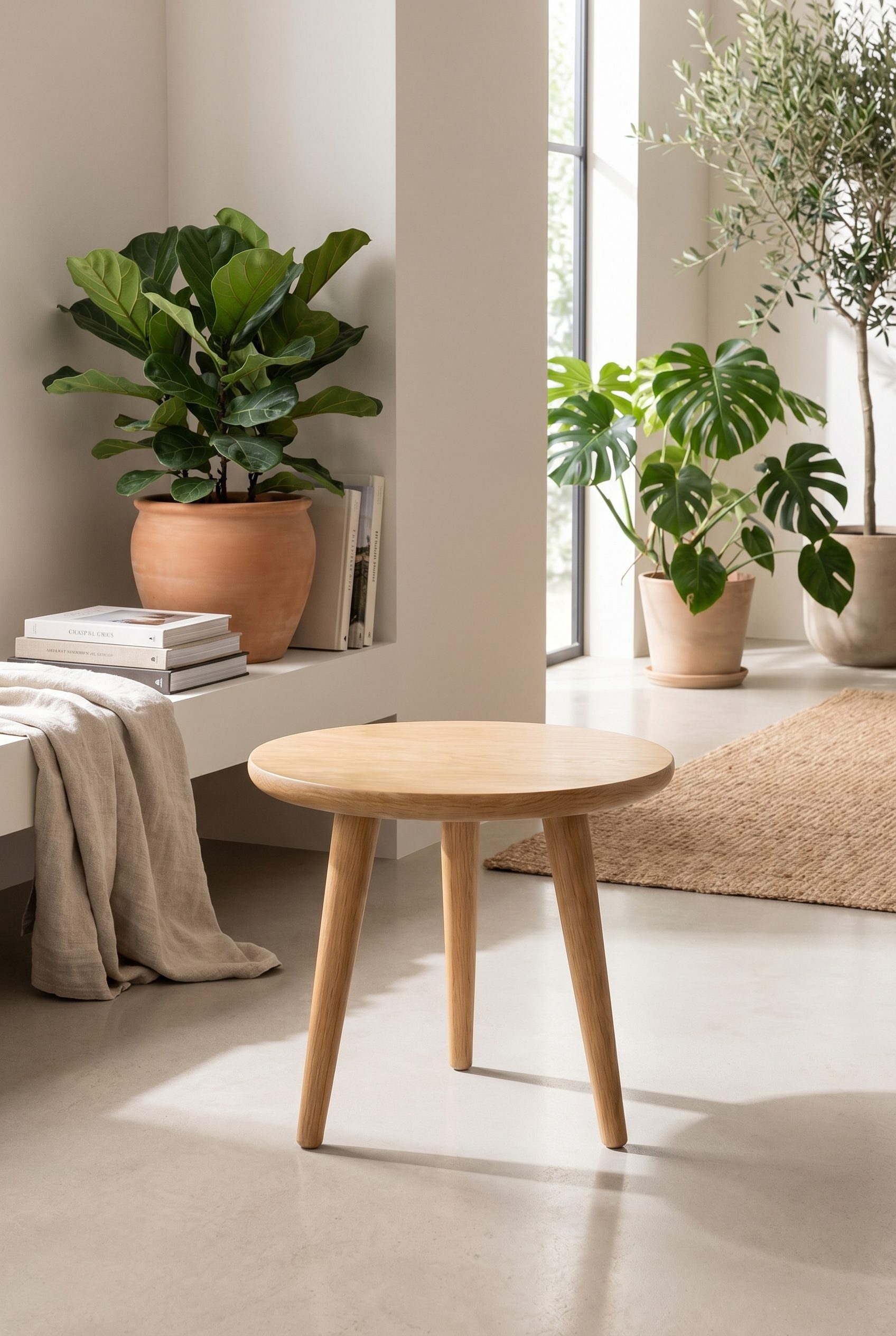 Round side table styled in a bright home interior for a product launch visual.