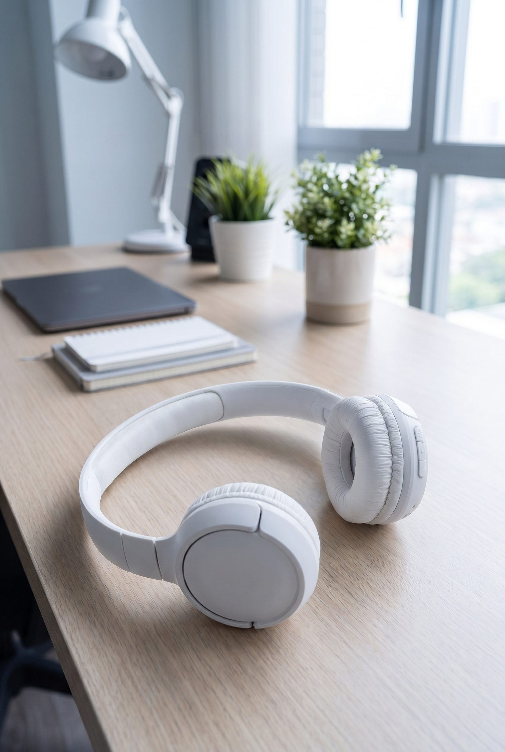generated white wireless headphones desk scene