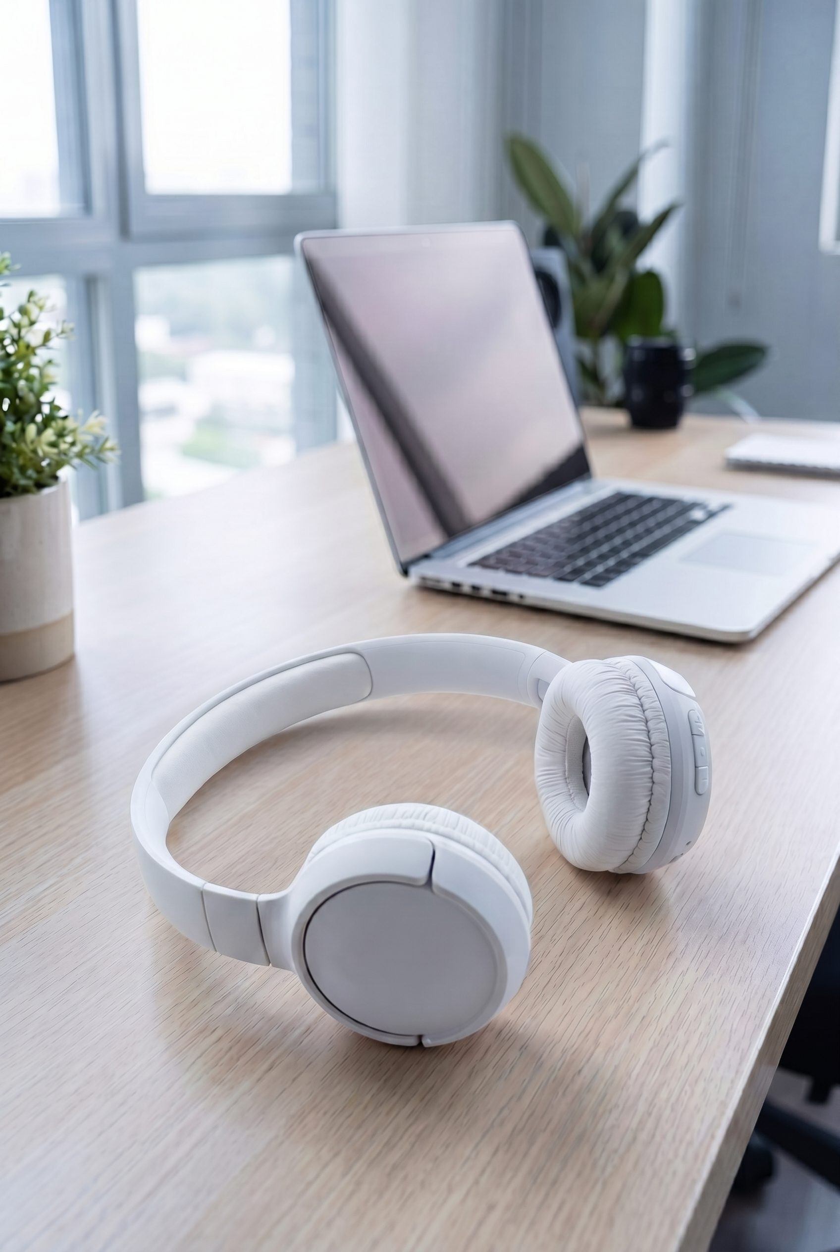 generated white wireless headphones desk scene