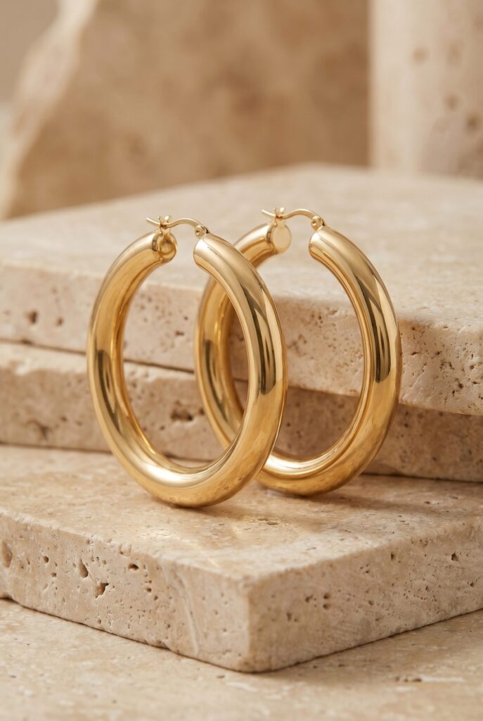 Polished gold hoop earrings standing on pale stone blocks.