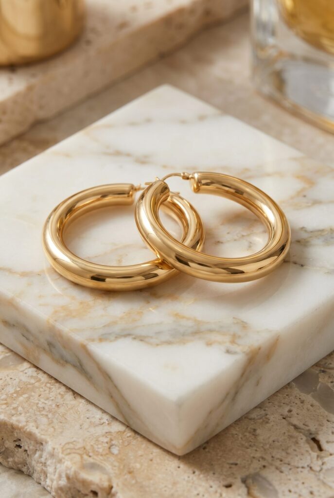 Gold hoop earrings lying on a pale marble surface.