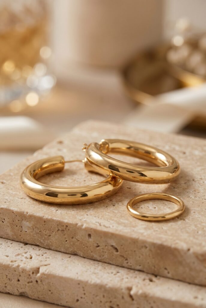 Gold hoops and a small gold ring on textured stone.