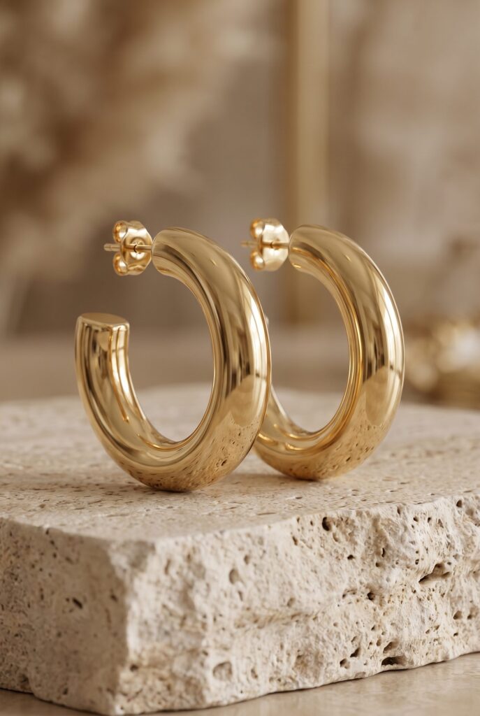 Open polished gold hoops standing on a textured stone block.