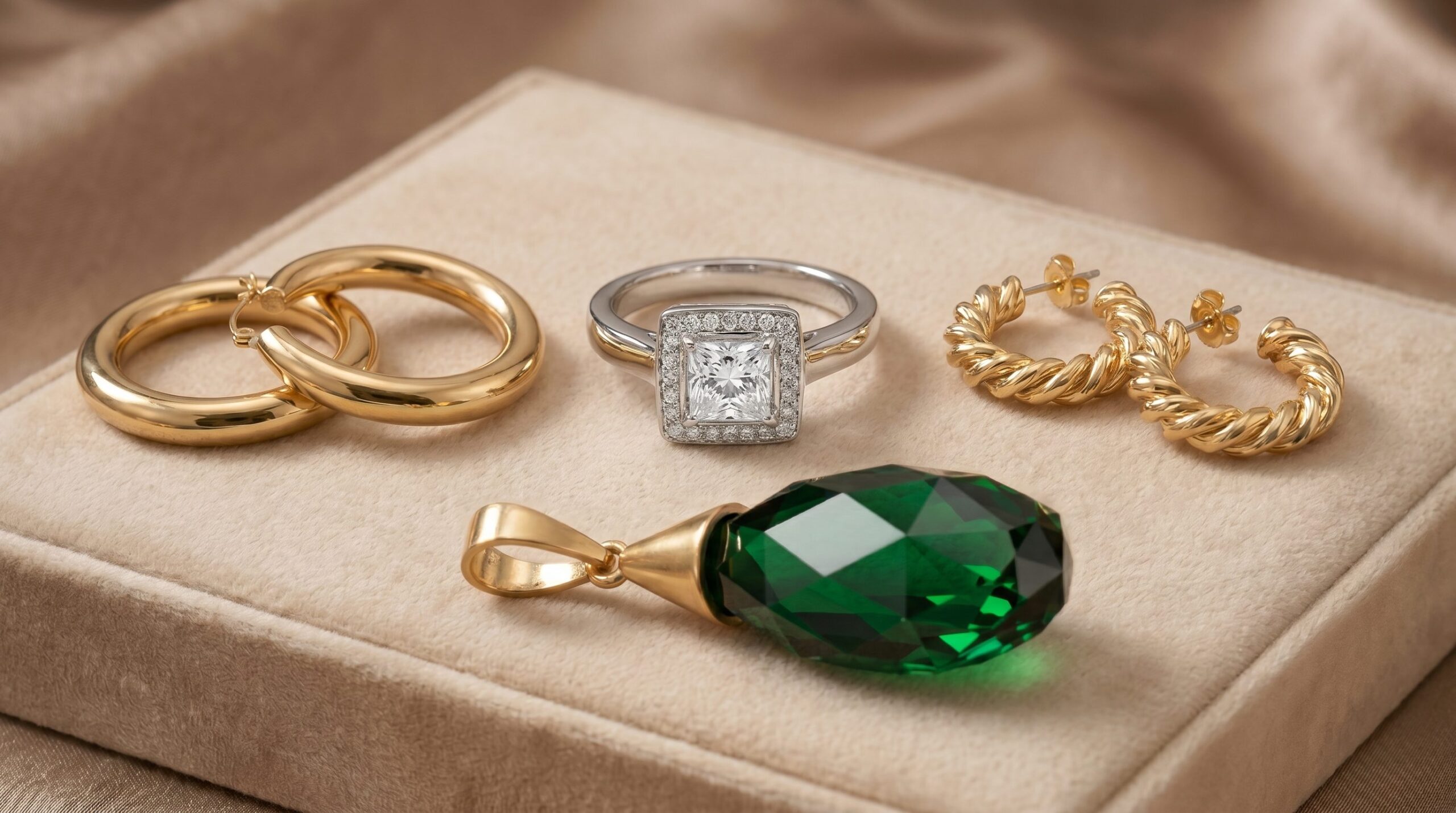 Fotogenic AI ecommerce product photography example showing jewelry on a soft editorial surface