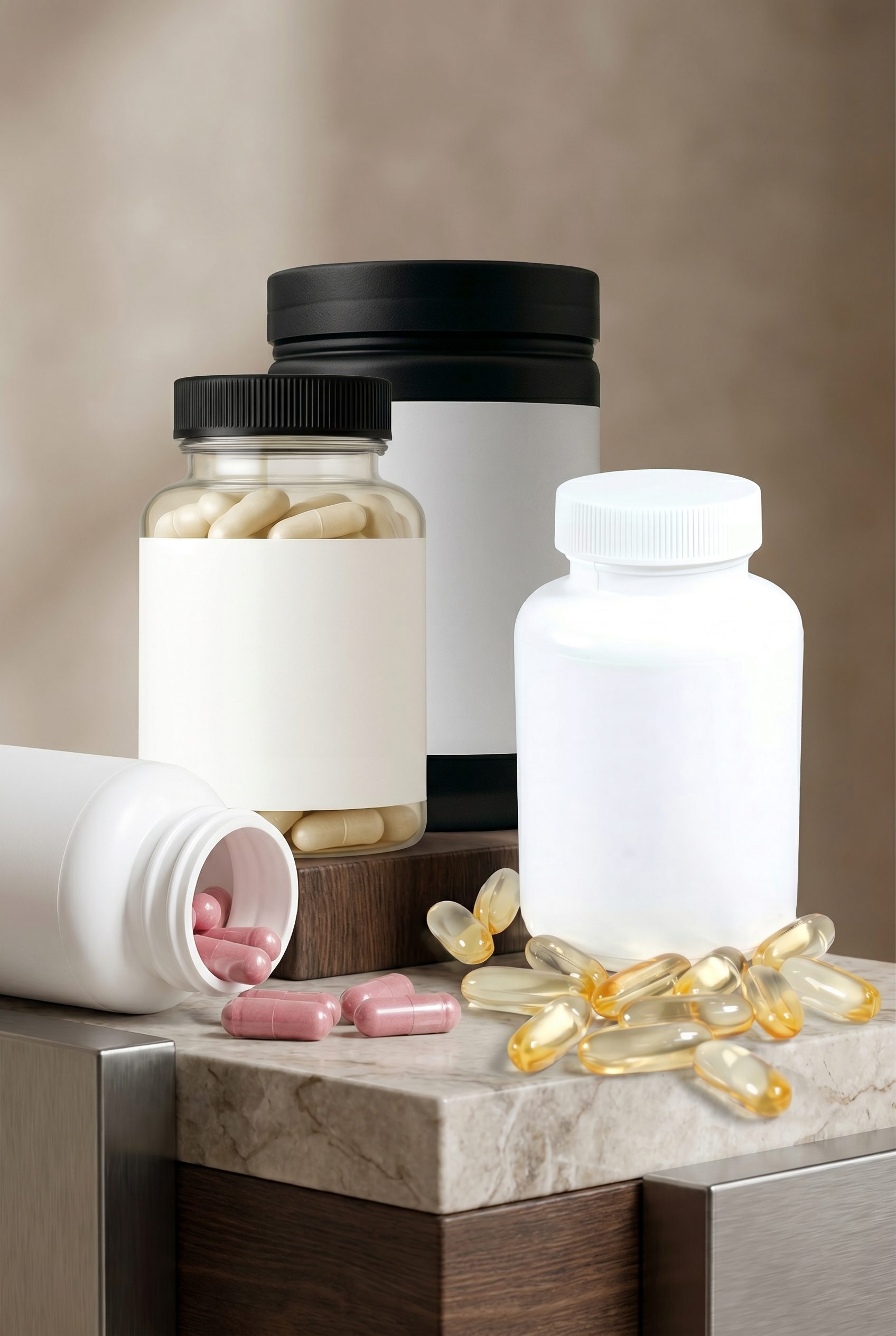 Blank-label supplement bottles, capsule jar, and softgels arranged on a premium stone surface for a supplement product photography hero.