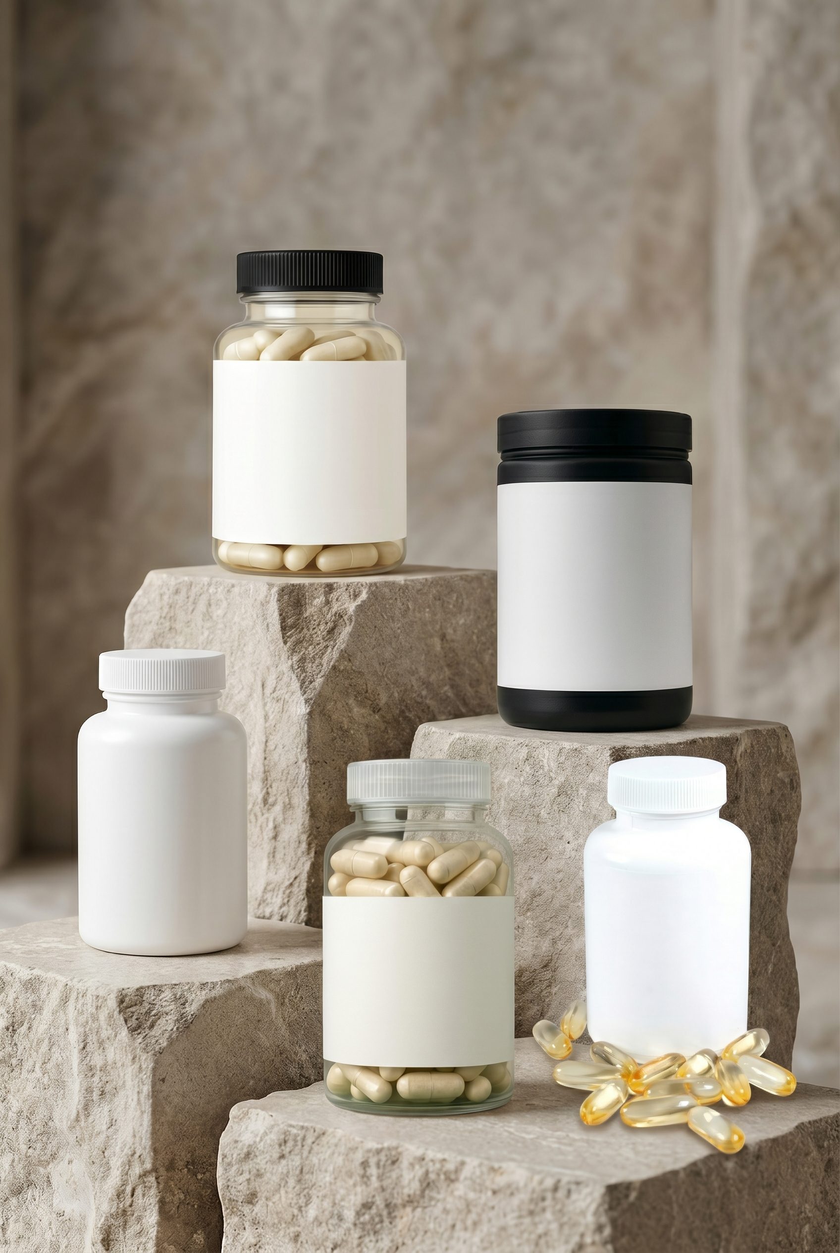 Blank-label supplement bottles and capsules on stacked stone surfaces for ecommerce product photo examples.