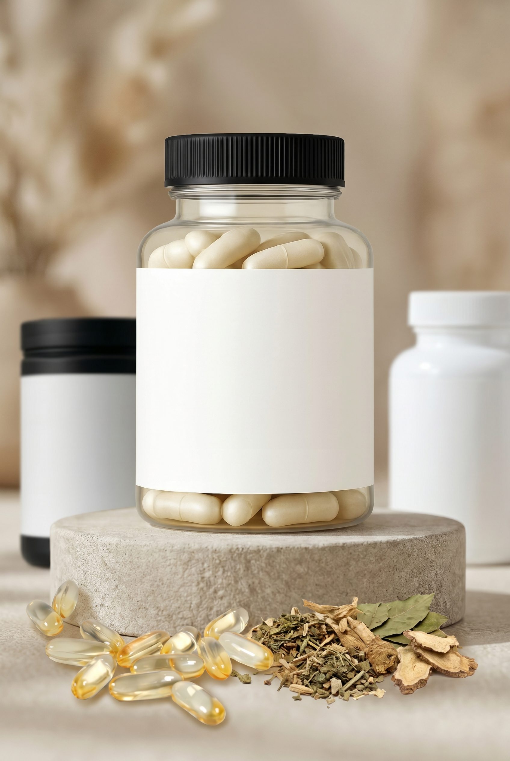 Blank-label supplement capsule bottle, pouch, and softgels arranged as a catalog refresh image for scaling brands.