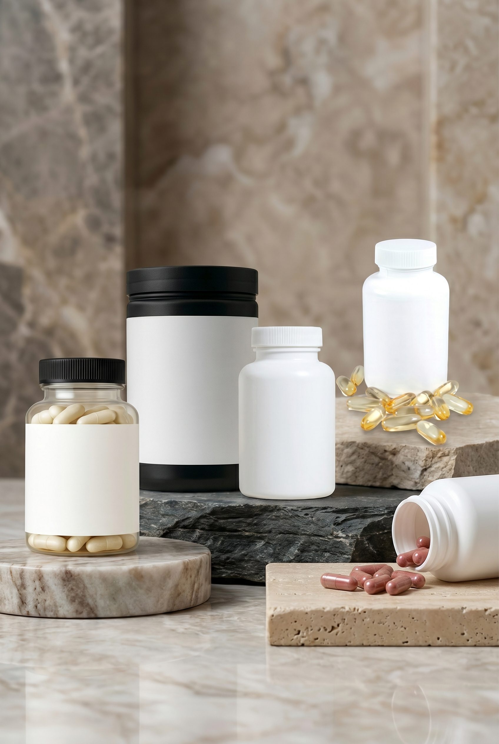 Blank-label supplement bottles and capsules prepared as an agency-ready ecommerce campaign visual.