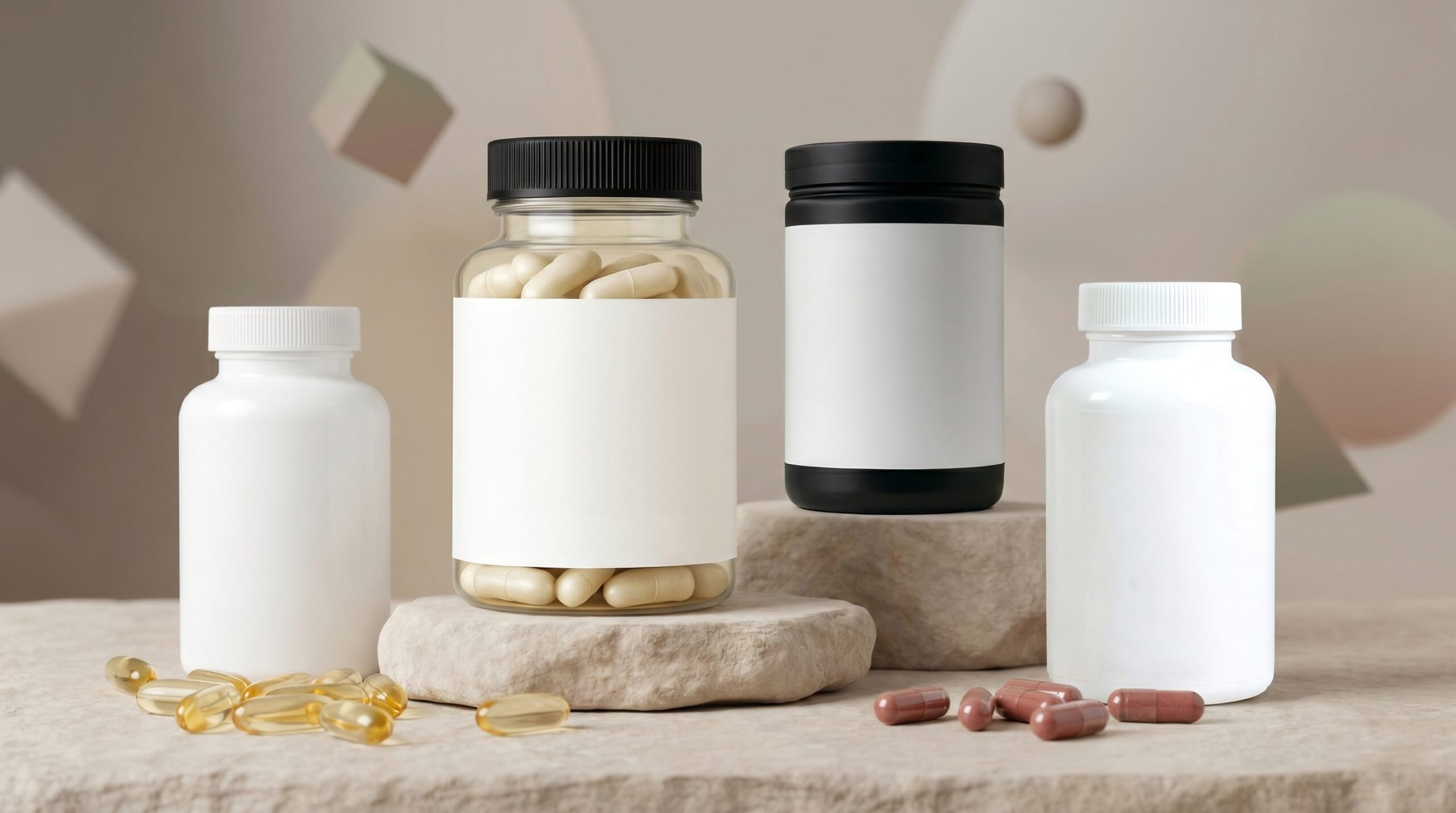 White-label supplement bottles and capsules in a clean landscape product scene for supplement ecommerce examples.