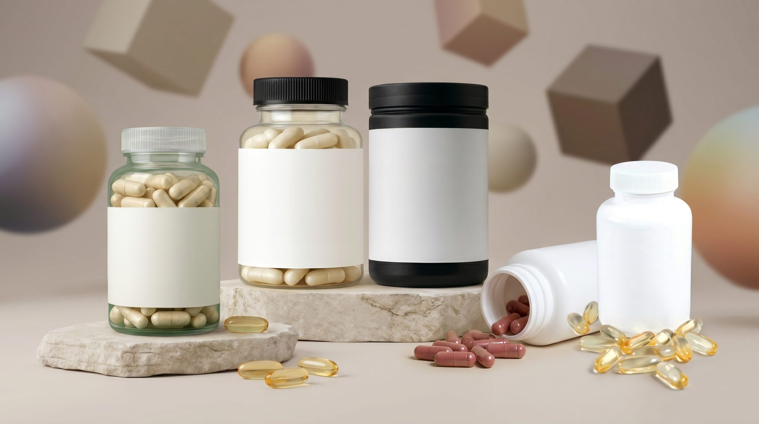 White-label supplement bottles and capsules in a clean campaign-ready product scene.