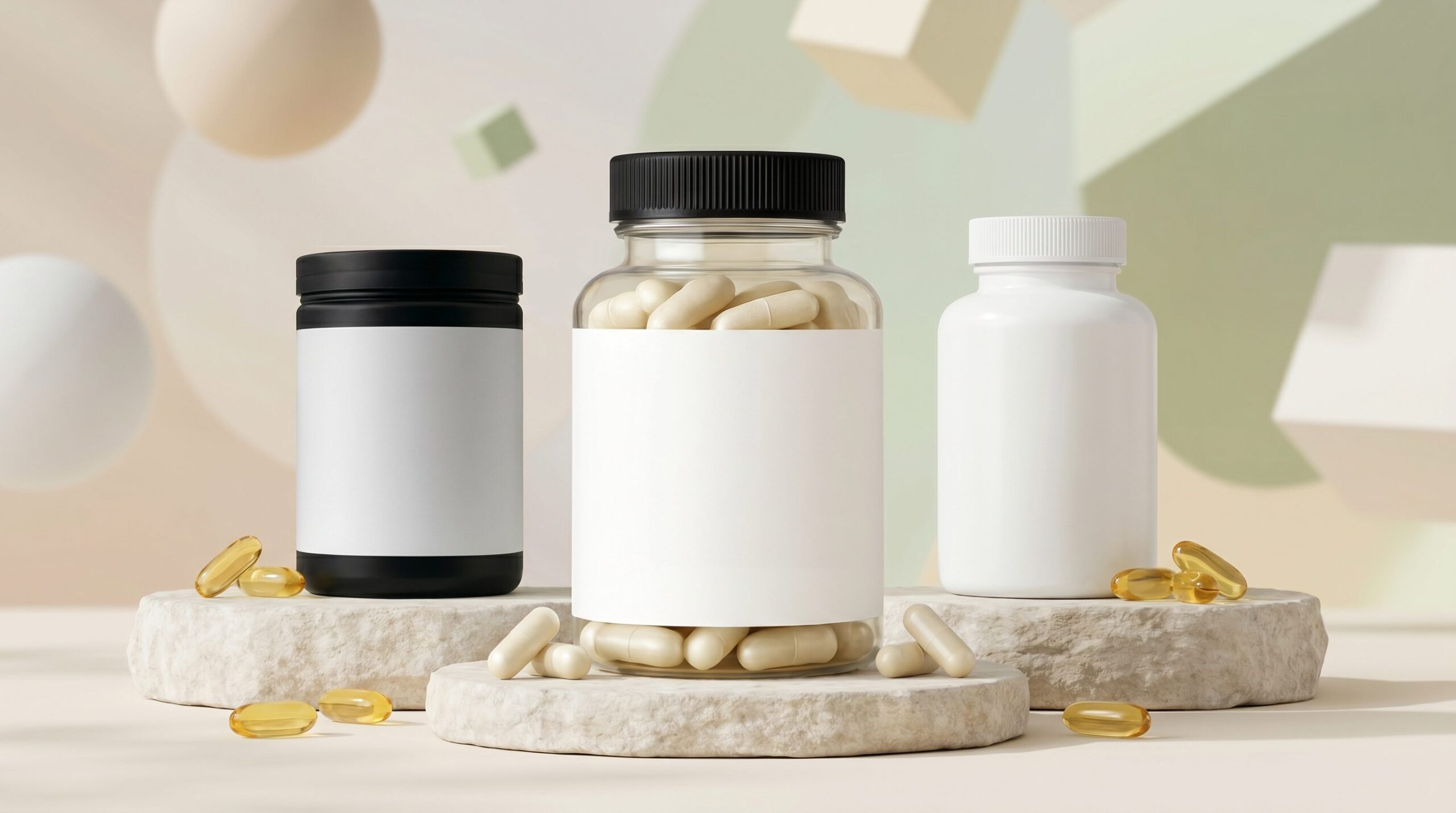 Logo-free supplement product lineup for an AI product photography example gallery.