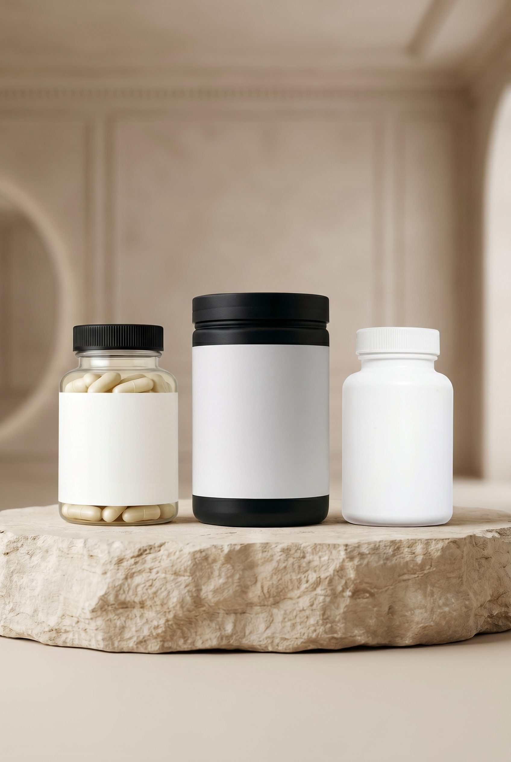 White-label supplement bottles and capsules arranged for ecommerce product photography.