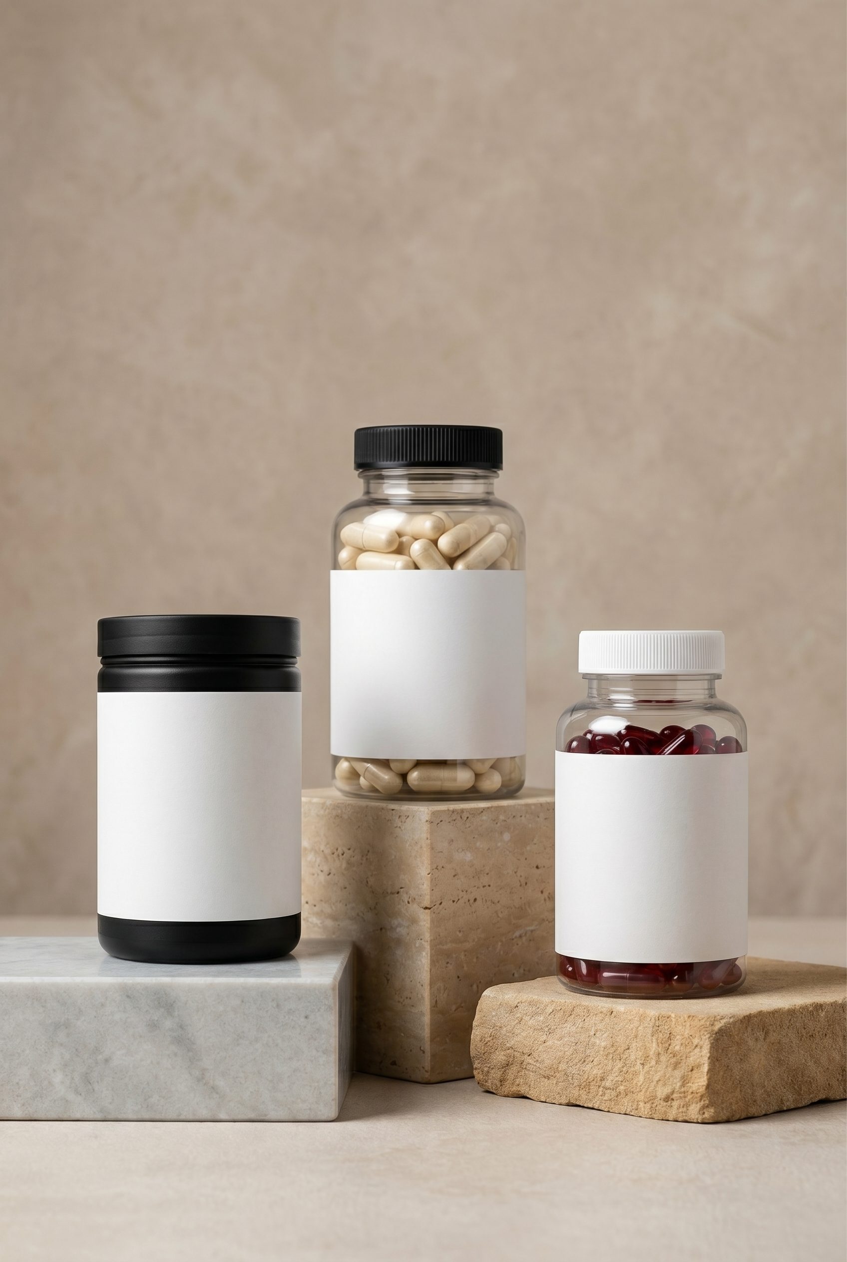 White-label supplement bottles and capsules arranged on stone risers.