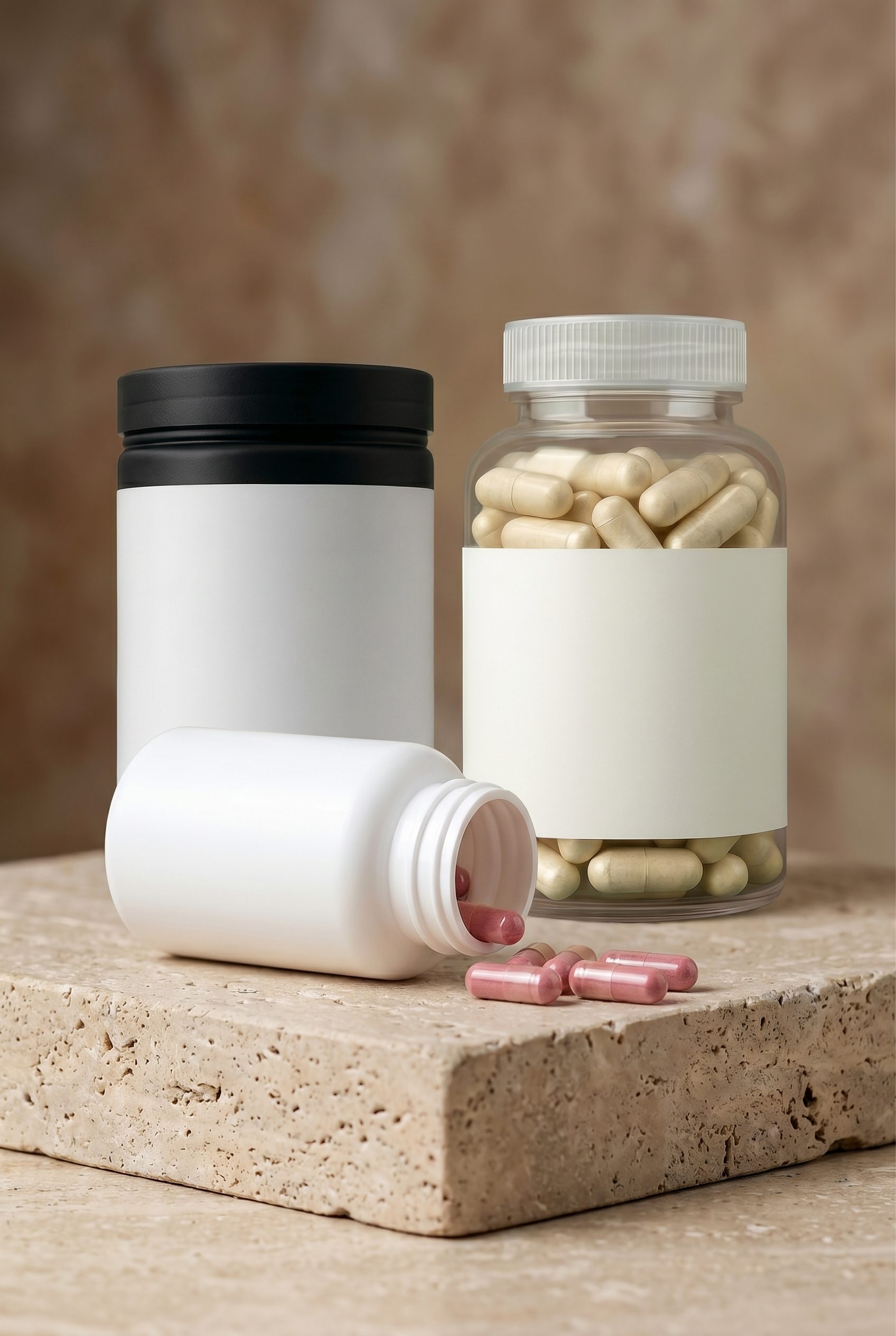 White-label capsule supplement bottles with loose capsules on a stone surface.