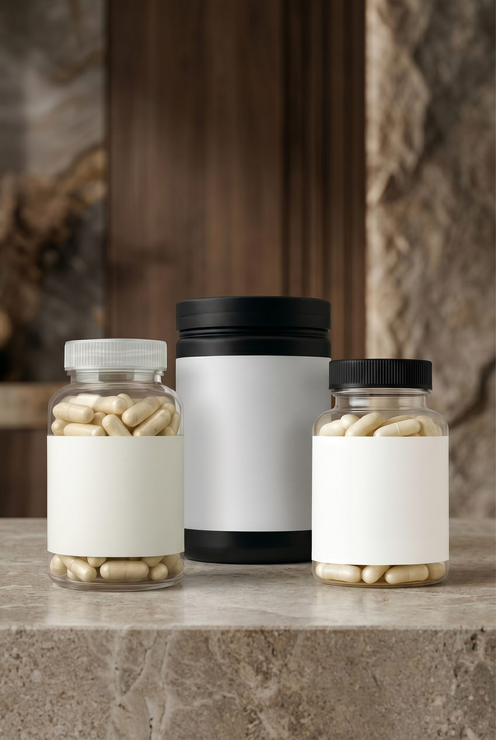 Three white-label supplement bottles staged on a premium bathroom counter.