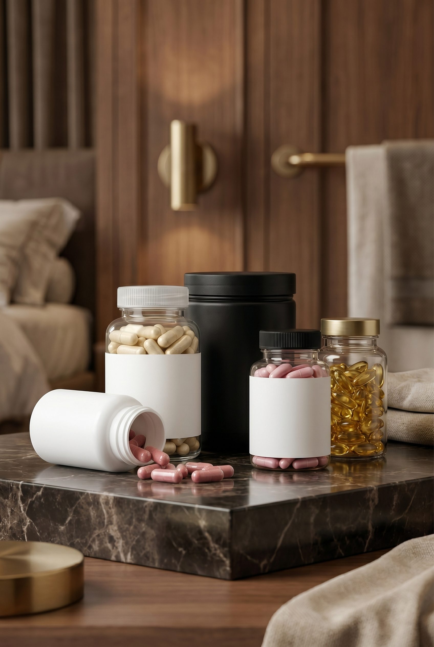 White-label supplement bottles and capsules staged in a warm premium interior.