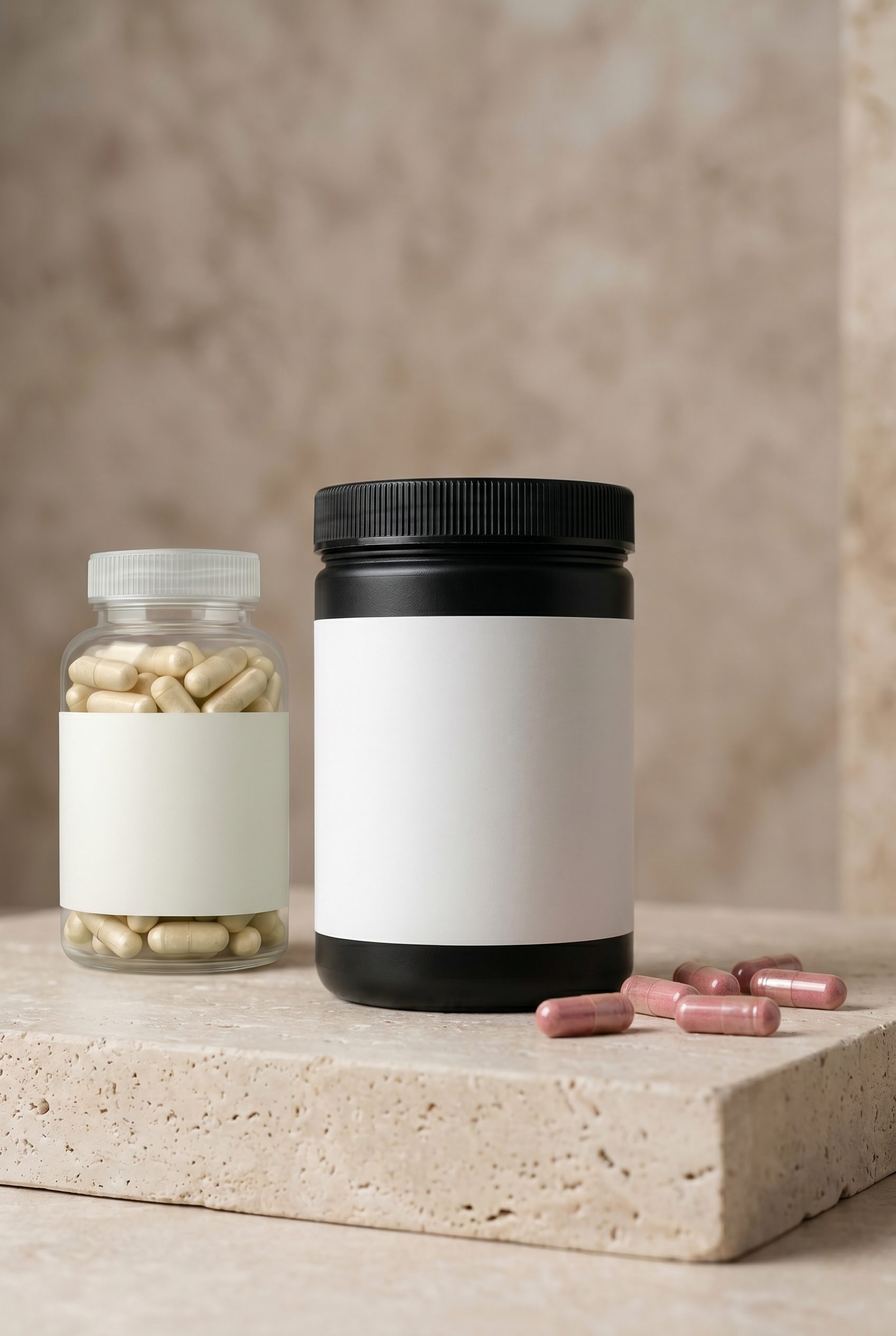 White-label supplement bottles and capsules on a stone surface for a clean product detail example.